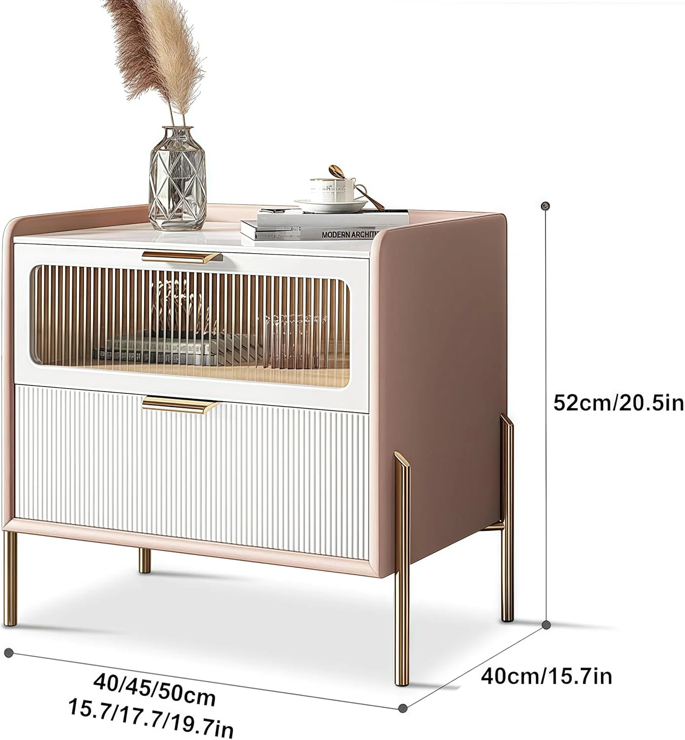 میز پاتختی جومیلا، میز کنار تختی کوچک با 2 کشو، میز کنار تختی مدرن سفید راه راه اواسط قرن، میز قهوه خوری با پایه های فلزی طلایی (سفید، 50x48x40 سانتی متر)