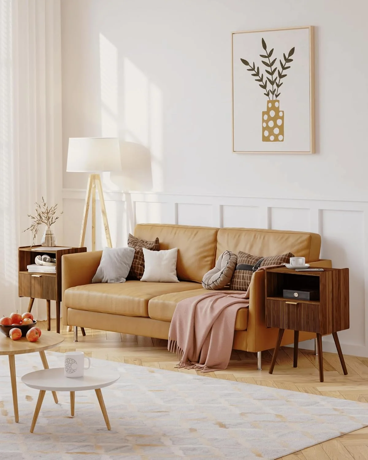 میز پاتختی JOONEE، میز کنار تختی مدرن با کشو و قفسه چوبی باز، مناسب اتاق نشیمن، اتاق خواب و فضاهای کوچک، میز پاتختی با پایه های چوبی محکم، مونتاژ آسان، (قهوه ای گردویی)