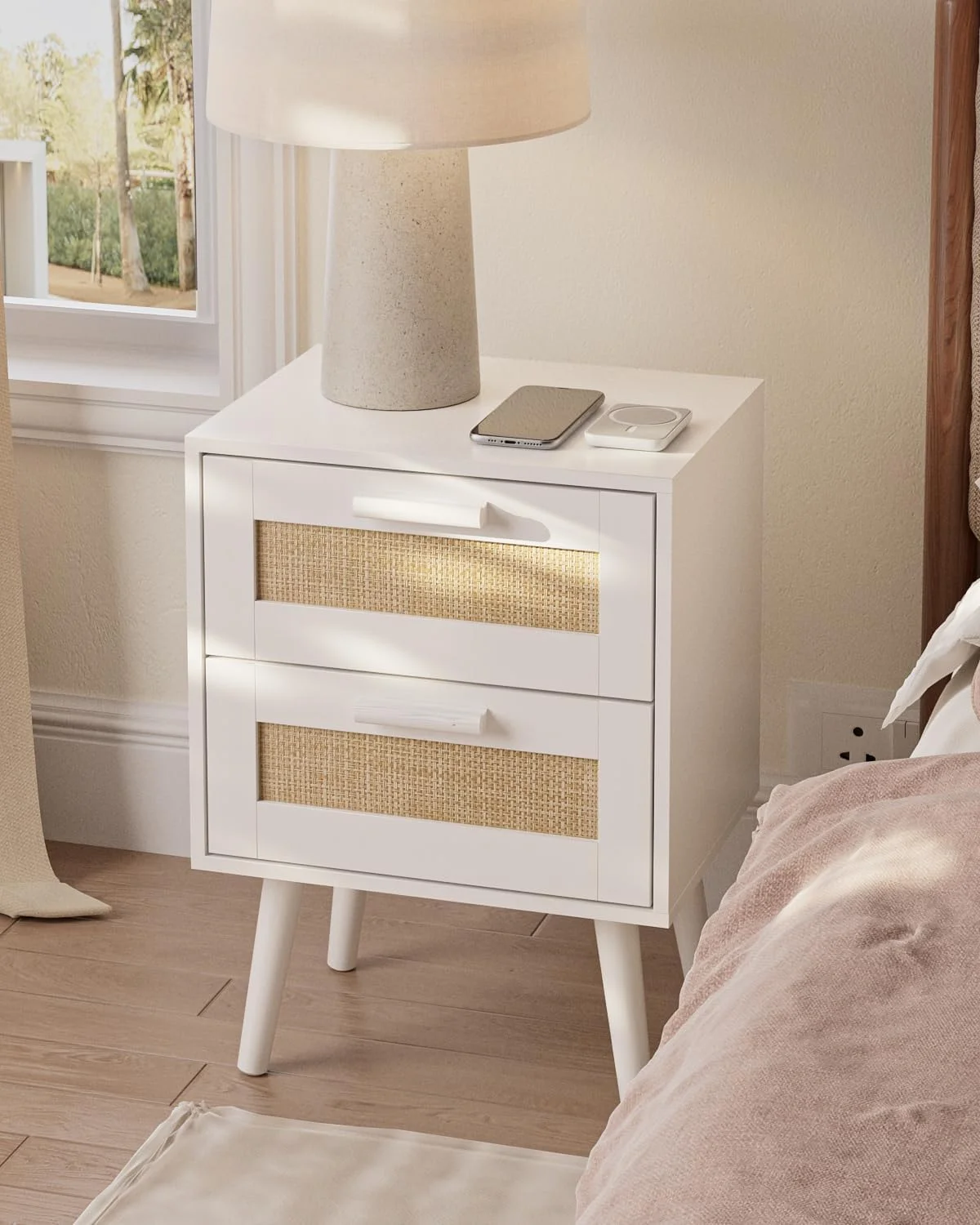 میز پاتختی حصیری HEYZOEY با کشو، میز کنار تختی با پایه های چوبی برای اتاق خواب، اتاق نشیمن (سفید - 2 کشو)