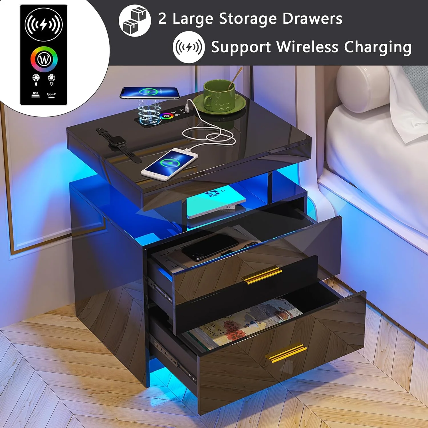 میز کنار تختی LED اتوماتیک HNEBC با ایستگاه شارژ بی سیم و پورت های USB، میزهای کنار تختی براق با 2 کشو، میز کنار تختی شناور با نوار نور LED تعبیه شده 3 رنگ و روشنایی قابل تنظیم