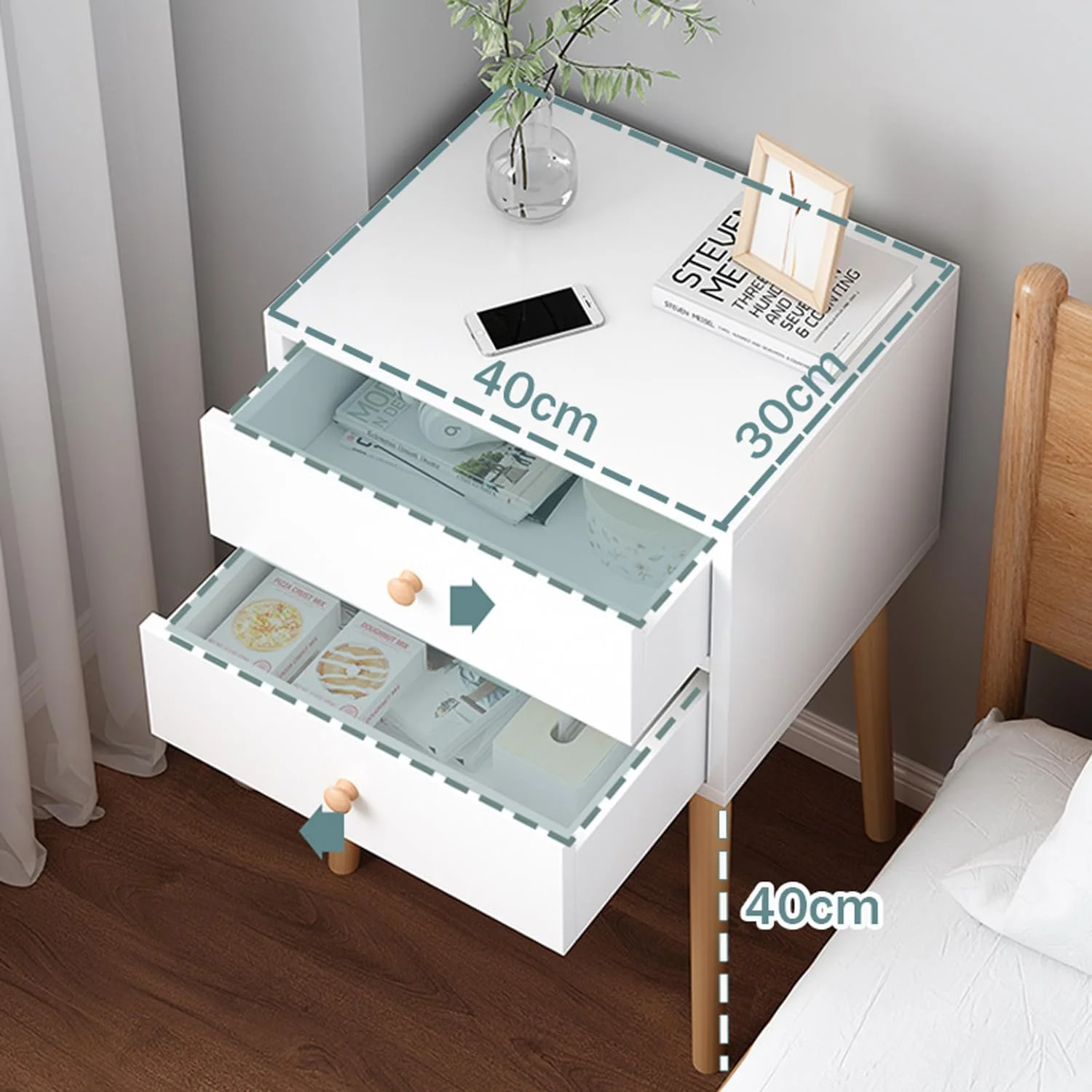 میز پاتختی GGEROU با کشو، میز کنار تختی مدرن، میز پاتختی، میزهای کوچک جانبی، پایه های چوبی محکم، میز انتهایی برای فضاهای کوچک، محکم و پایدار، برای دفتر، اتاق خواب، مطالعه (2 کشو)