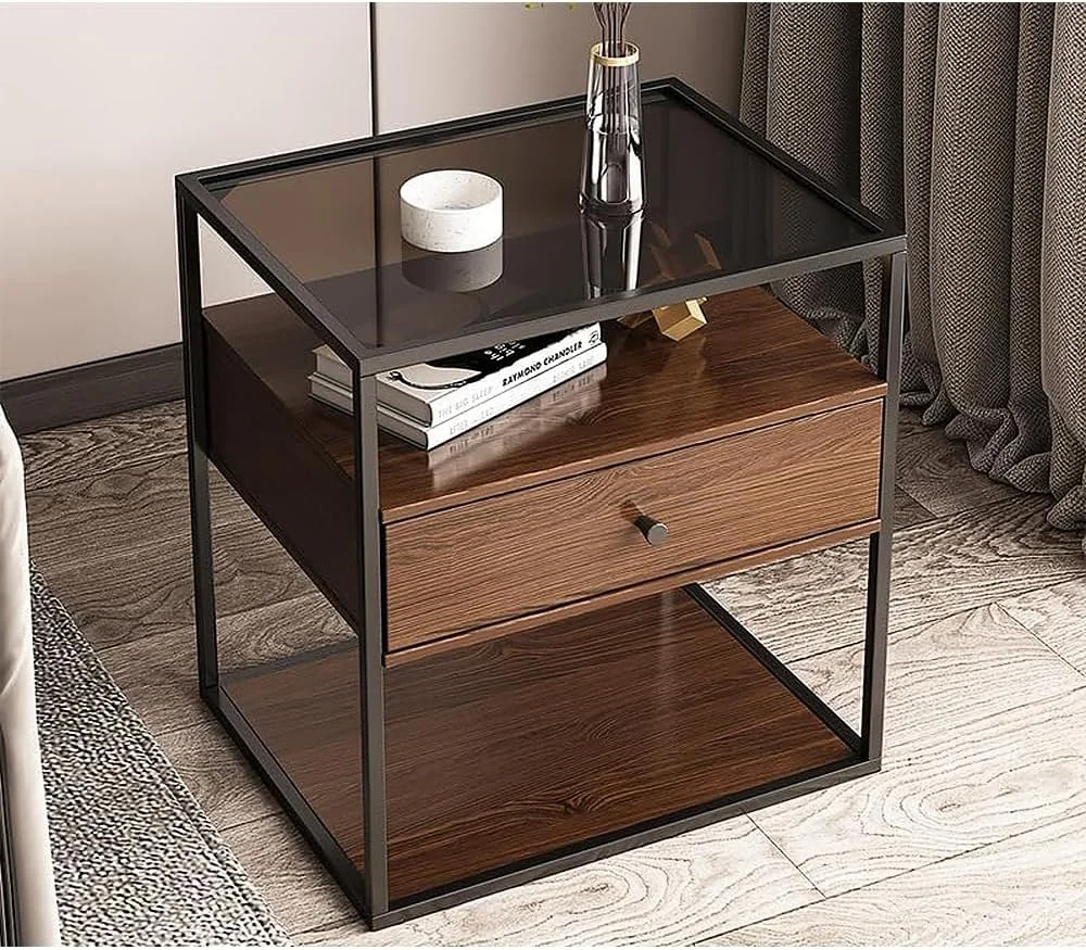 میز کنار تختی HAOWINS-PAN با کشوهای ذخیره سازی، میزهای کوچک شیشه ای قابل جابجایی با قاب فلزی مشکی و کشوی چوبی برای اتاق نشیمن و اتاق خواب میز کنار تختی HAOWINS-PAN با کشوهای ذخیره سازی، میزهای کوچک شیشه ای قابل جابجایی با قاب فلزی مشکی و کشوی چوبی برای اتاق نشیمن و اتاق خواب
