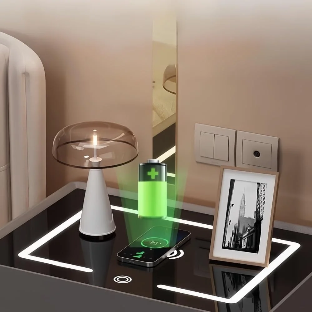 میز کنار تختی GOUSYUN با شارژ هوشمند، میز عسلی 2 طبقه، میز کنار تختی چوبی با قفل ترکیبی و نور سه رنگ برای اتاق خواب، اتاق نشیمن، لابی (مشکی)