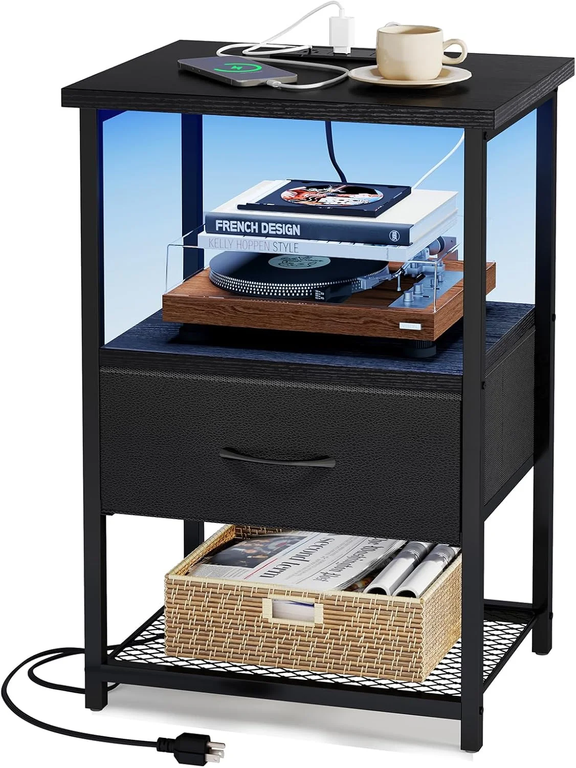 میز پاتختی Fixwal با ایستگاه شارژ، میز کنار تختی LED با کشوهای پارچه ای، میز انتهایی با روکش PU، میز کنار تخت برای اتاق خواب، مشکی میز پاتختی Fixwal با ایستگاه شارژ، میز کنار تختی LED با کشوهای پارچه ای، میز انتهایی با روکش PU، میز کنار تخت برای اتاق خواب، مشکی