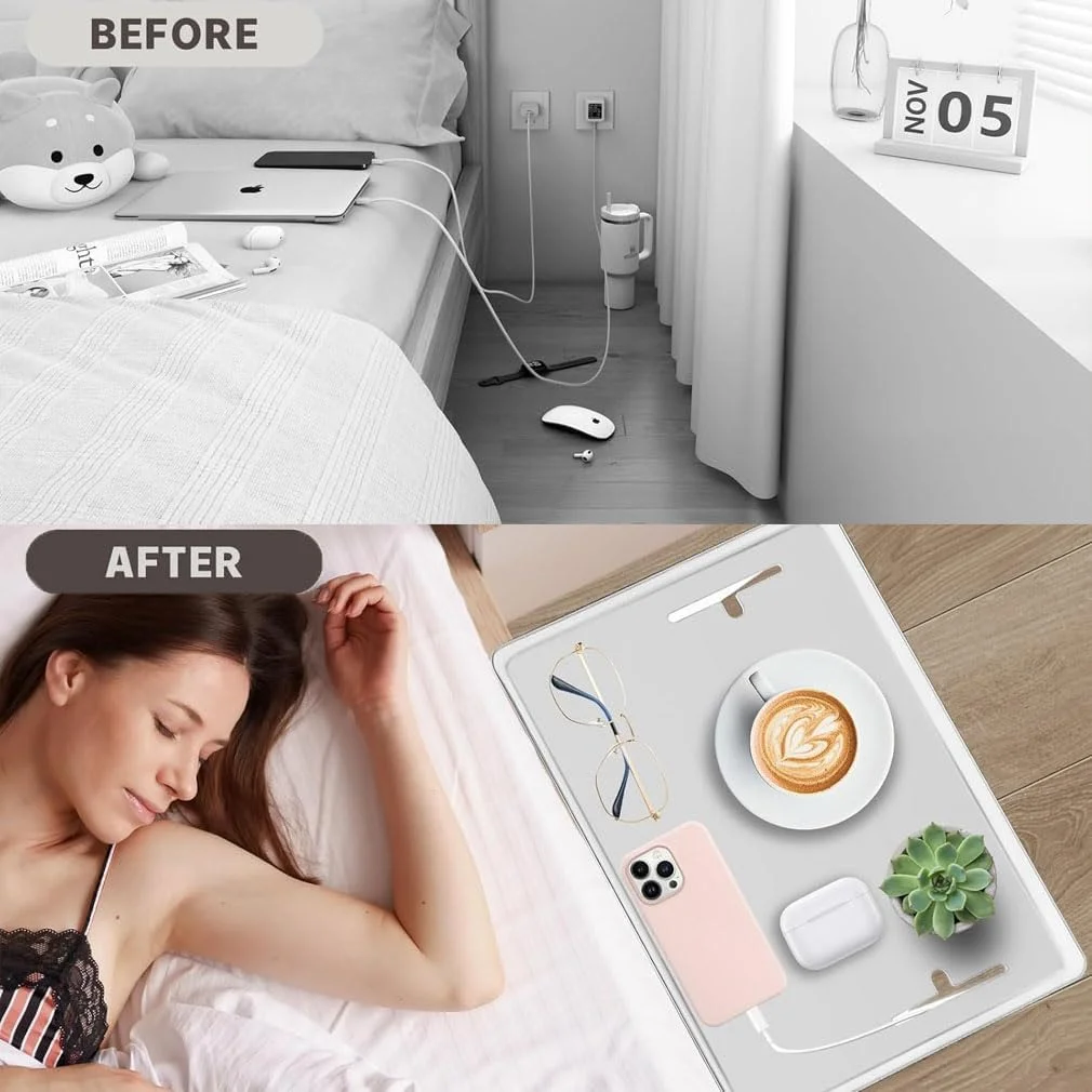 شلف کنار تختی Goodern برای تخت، میز کنار تختی شناور گیره ای اتاق خواب خوابگاه دانشجویی سینی میز کنار تخت شناور مدرن با نگهدارنده سیم قفسه ذخیره سازی جداشدنی برای خانه RV آپارتمان - سفید