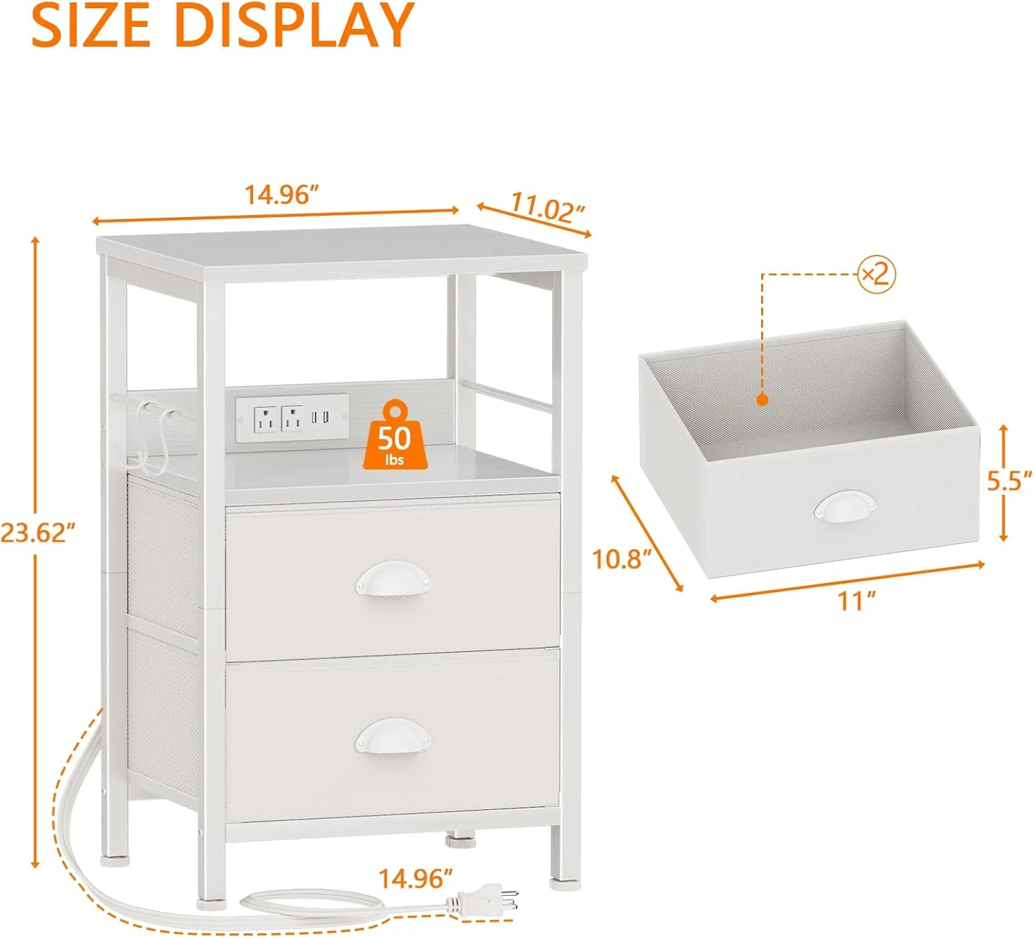 میز کنار تختی Furologee با ایستگاه شارژ، میز کنار تخت با کشوهای پارچه ای، میزهای جانبی با پورت های USB و پریز برق، میز کنار تخت با قفسه ذخیره سازی و قلاب، برای اتاق نشیمن/اتاق خواب، سفید میز کنار تختی Furologee با ایستگاه شارژ، میز کنار تخت با کشوهای پارچه ای، میزهای جانبی با پورت های USB و پریز برق، میز کنار تخت با قفسه ذخیره سازی و قلاب، برای اتاق نشیمن/اتاق خواب، سفید