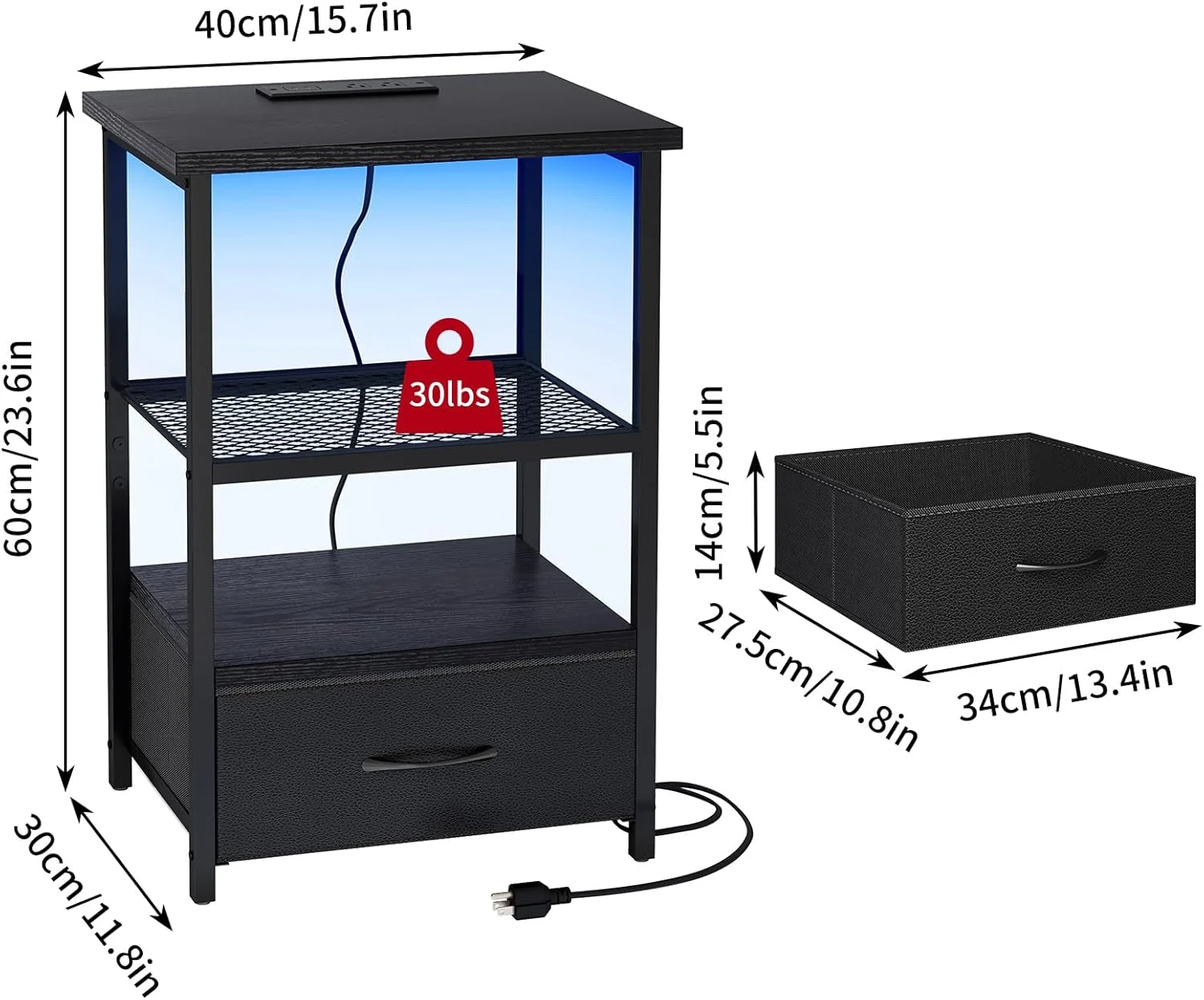 میز پاتختی Fixwal با ایستگاه شارژ، میز کنار تختی LED با کشوهای پارچه ای، میز انتهایی با روکش PU، میز کنار تخت برای اتاق خواب، مشکی میز پاتختی Fixwal با ایستگاه شارژ، میز کنار تختی LED با کشوهای پارچه ای، میز انتهایی با روکش PU، میز کنار تخت برای اتاق خواب، مشکی