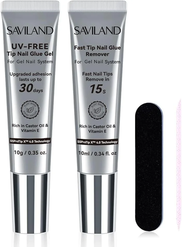 چسب ناخن و ریموور دوگانه بدون نیاز به اشعه ماوراء بنفش SAVILAND: چسب ناخن فوق العاده قوی برای ناخن های مصنوعی و تیپ با ریموور سریع 15 ثانیه ای و ابزار طراحی ناخن، مناسب برای مانیکور سریع در منزل