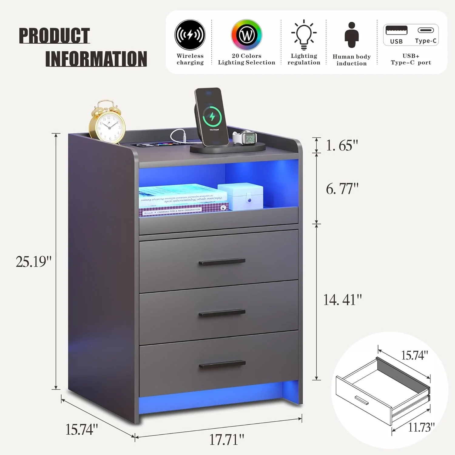 میز کنار تختی دیستلر با ایستگاه شارژ، میز کنار تخت با نور RGB و طراحی حسگر انسانی، میز کنار مبل مدرن LED با 3 کشو برای اتاق خواب، اتاق نشیمن، دفتر کار (خاکستری) میز کنار تختی دیستلر با ایستگاه شارژ، میز کنار تخت با نور RGB و طراحی حسگر انسانی، میز کنار مبل مدرن LED با 3 کشو برای اتاق خواب، اتاق نشیمن، دفتر کار (خاکستری)