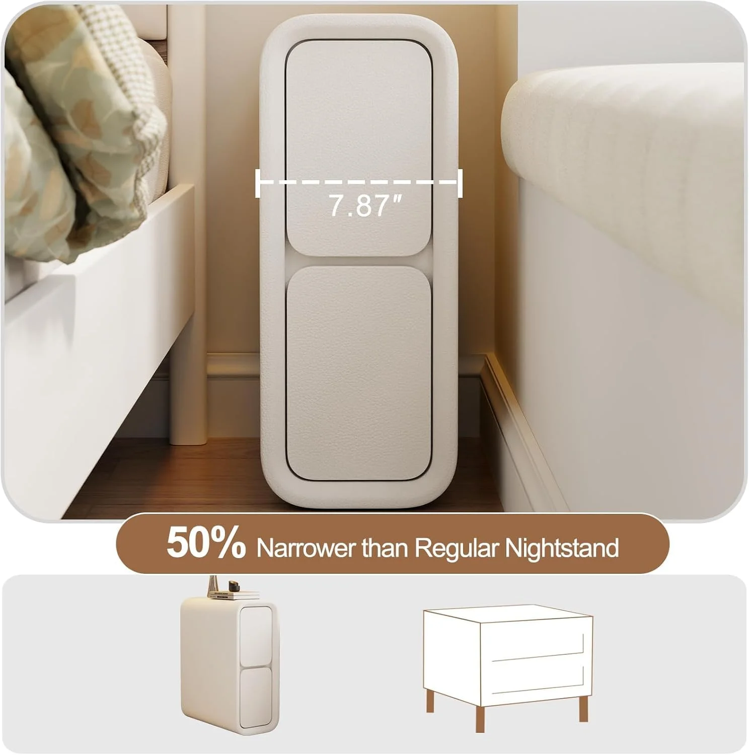 پاتختی باریک مدل FC22 با کشو - پاتختی چوبی با سطح چرمی، میز کنار تختی کوچک سفید برای اتاق خواب پاتختی باریک مدل FC22 با کشو - پاتختی چوبی با سطح چرمی، میز کنار تختی کوچک سفید برای اتاق خواب