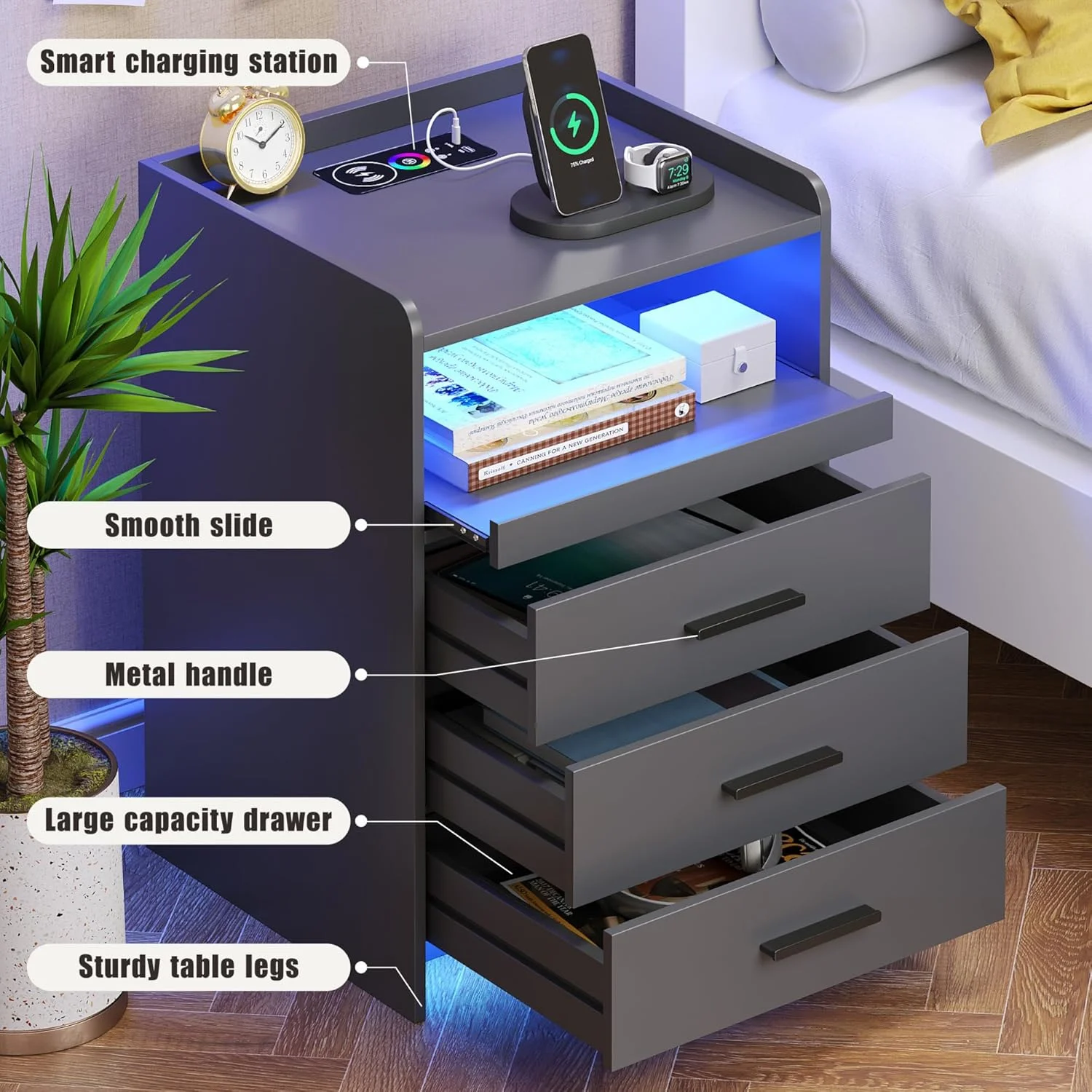 میز کنار تختی دیستلر با ایستگاه شارژ، میز کنار تخت با نور RGB و طراحی حسگر انسانی، میز کنار مبل مدرن LED با 3 کشو برای اتاق خواب، اتاق نشیمن، دفتر کار (خاکستری) میز کنار تختی دیستلر با ایستگاه شارژ، میز کنار تخت با نور RGB و طراحی حسگر انسانی، میز کنار مبل مدرن LED با 3 کشو برای اتاق خواب، اتاق نشیمن، دفتر کار (خاکستری)