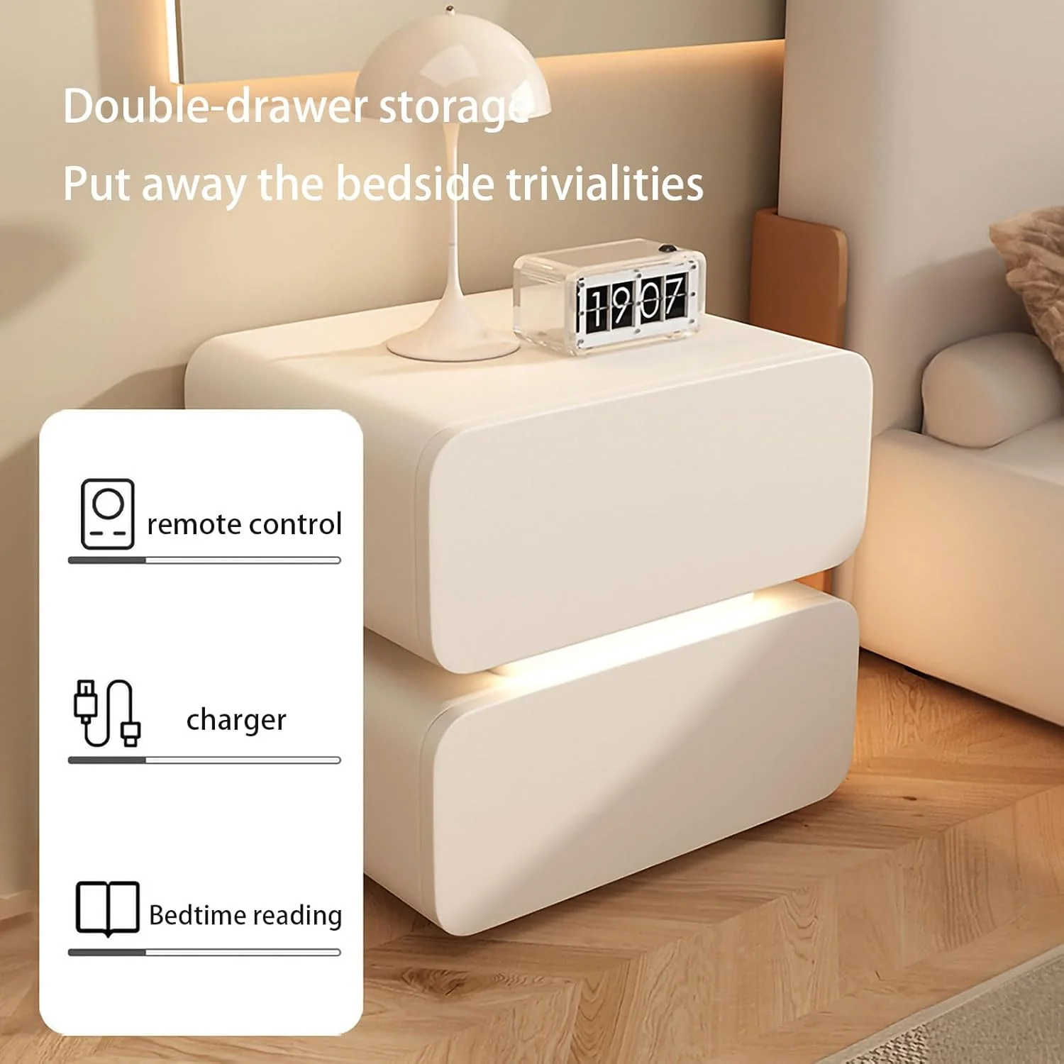 میز کنار تختی چوبی ESYAMIPET با 2 کشو و چراغ های LED، رنگ کرم، طراحی مدرن مینیمالیستی میز کنار تختی چوبی ESYAMIPET با 2 کشو و چراغ های LED، رنگ کرم، طراحی مدرن مینیمالیستی