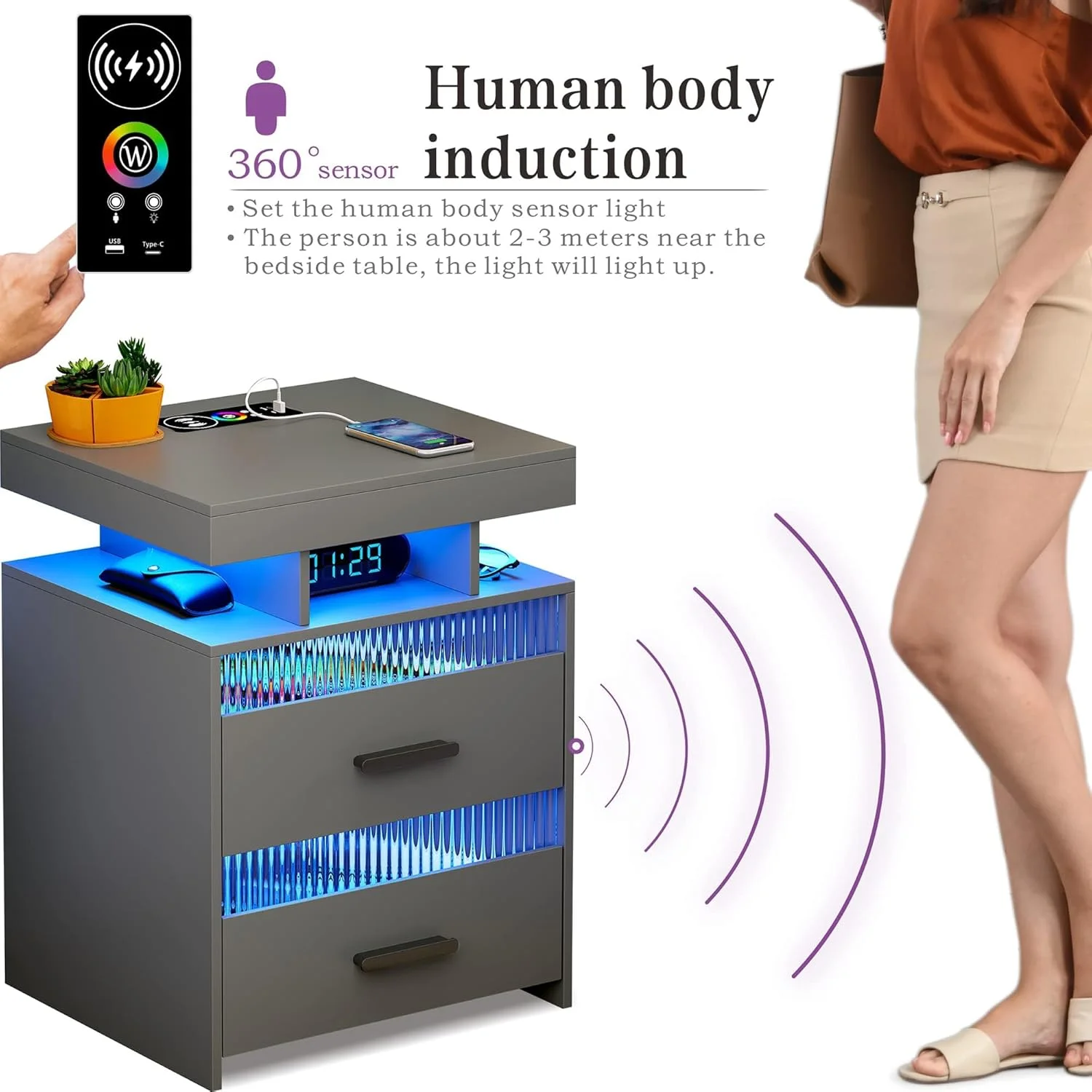 میز کنار تختی Dystler با ایستگاه شارژ: میز کنار تخت LED با 2 کشو و قفسه نگهداری باز، میز انتهایی هوشمند با چراغ حسگر انسان، مبلمان مدرن اتاق خواب، خاکستری میز کنار تختی Dystler با ایستگاه شارژ: میز کنار تخت LED با 2 کشو و قفسه نگهداری باز، میز انتهایی هوشمند با چراغ حسگر انسان، مبلمان مدرن اتاق خواب، خاکستری