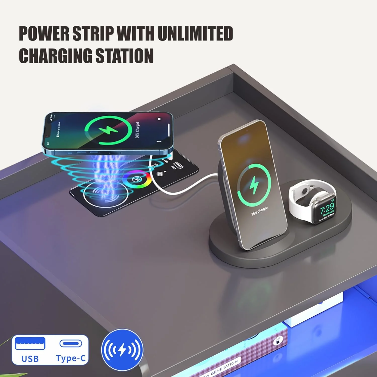 میز کنار تختی دیستلر با ایستگاه شارژ، میز کنار تخت با نور RGB و طراحی حسگر انسانی، میز کنار مبل مدرن LED با 3 کشو برای اتاق خواب، اتاق نشیمن، دفتر کار (خاکستری) میز کنار تختی دیستلر با ایستگاه شارژ، میز کنار تخت با نور RGB و طراحی حسگر انسانی، میز کنار مبل مدرن LED با 3 کشو برای اتاق خواب، اتاق نشیمن، دفتر کار (خاکستری)