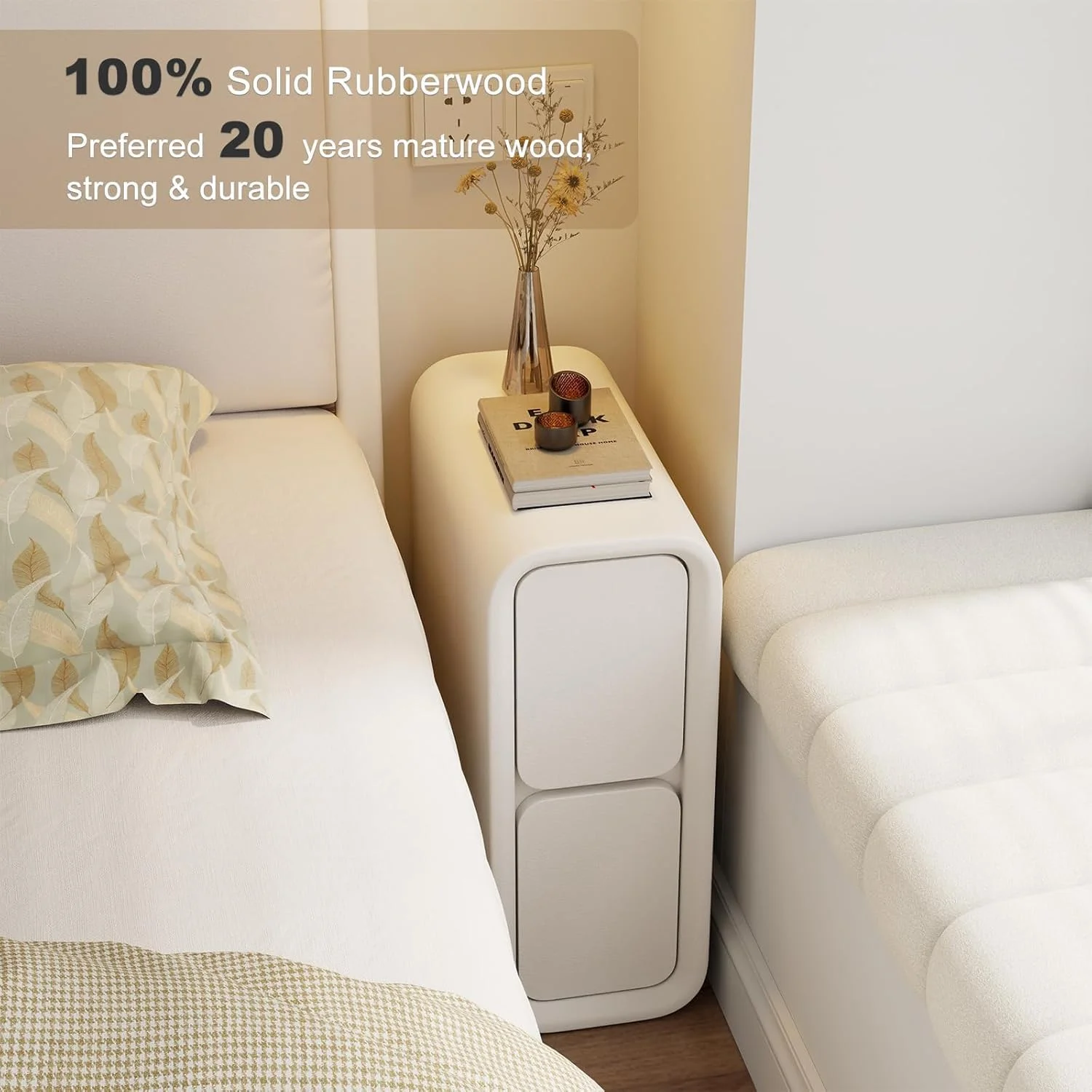 پاتختی باریک مدل FC22 با کشو - پاتختی چوبی با سطح چرمی، میز کنار تختی کوچک سفید برای اتاق خواب پاتختی باریک مدل FC22 با کشو - پاتختی چوبی با سطح چرمی، میز کنار تختی کوچک سفید برای اتاق خواب