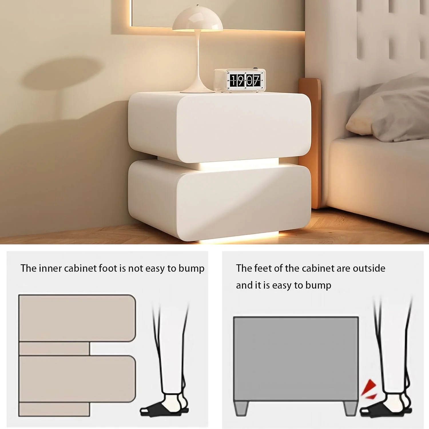 میز کنار تختی چوبی ESYAMIPET با 2 کشو و چراغ های LED، رنگ کرم، طراحی مدرن مینیمالیستی میز کنار تختی چوبی ESYAMIPET با 2 کشو و چراغ های LED، رنگ کرم، طراحی مدرن مینیمالیستی
