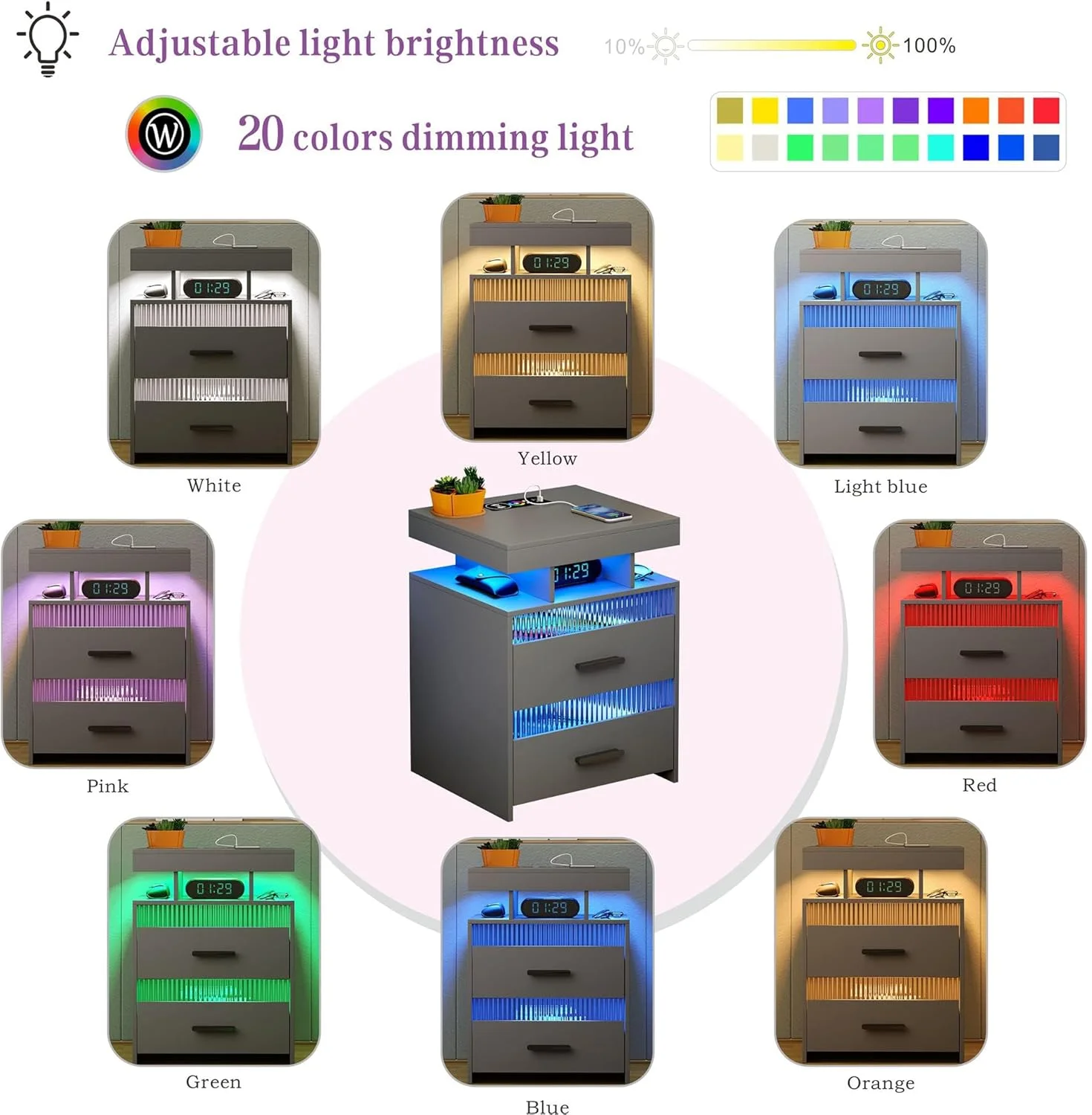 میز کنار تختی Dystler با ایستگاه شارژ: میز کنار تخت LED با 2 کشو و قفسه نگهداری باز، میز انتهایی هوشمند با چراغ حسگر انسان، مبلمان مدرن اتاق خواب، خاکستری میز کنار تختی Dystler با ایستگاه شارژ: میز کنار تخت LED با 2 کشو و قفسه نگهداری باز، میز انتهایی هوشمند با چراغ حسگر انسان، مبلمان مدرن اتاق خواب، خاکستری