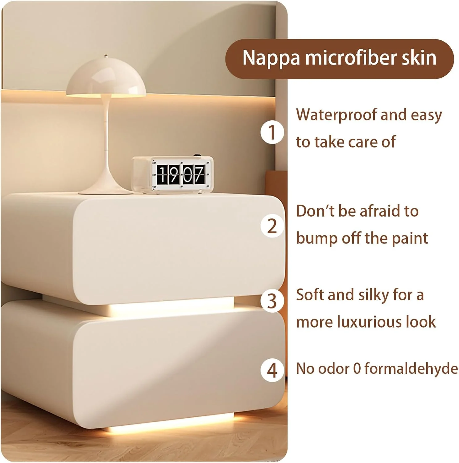 میز کنار تختی چوبی ESYAMIPET با 2 کشو و چراغ های LED، رنگ کرم، طراحی مدرن مینیمالیستی میز کنار تختی چوبی ESYAMIPET با 2 کشو و چراغ های LED، رنگ کرم، طراحی مدرن مینیمالیستی