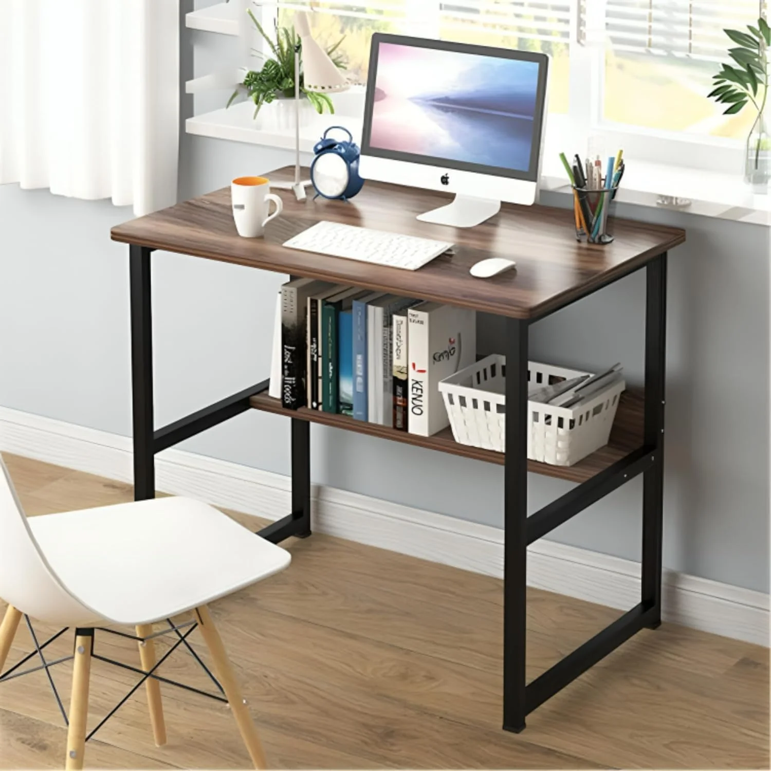 میز لپ تاپ BaytBox، میز کامپیوتر 80x40 با قفسه کتاب، ایده آل برای مطالعه، خانه، دفتر و اتاق خواب (قهوه ای)