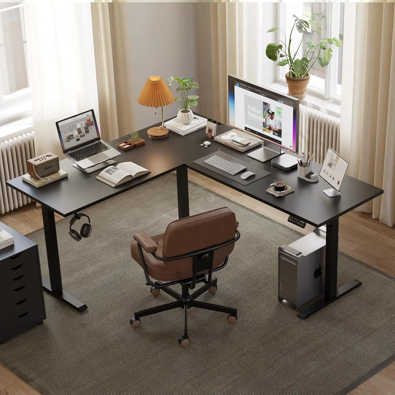 میز ایستاده برقی گوشه ای L شکل Agilestic با قابلیت تنظیم ارتفاع، میز کامپیوتر ایستاده/نشسته با ابعاد 160x140 سانتی متر، میز بازی، رنگ مشکی