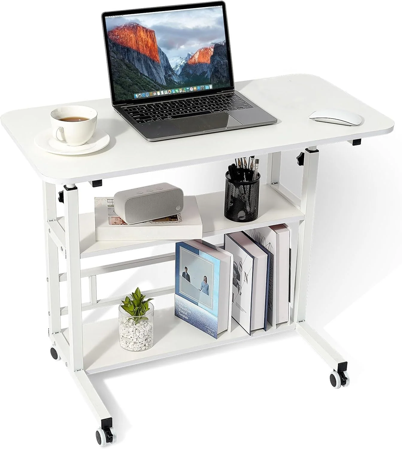 میز کار خانگی Beauenty، میز کامپیوتر، میز لپ تاپ با قابلیت تنظیم ارتفاع، میز کامپیوتر کوچک قابل حمل با چرخ، میز کنار تختی مدرن برای دفتر کار خانگی، مطالعه، مطالعه (سفید، 80 * 40 * 60-90 سانتی متر)