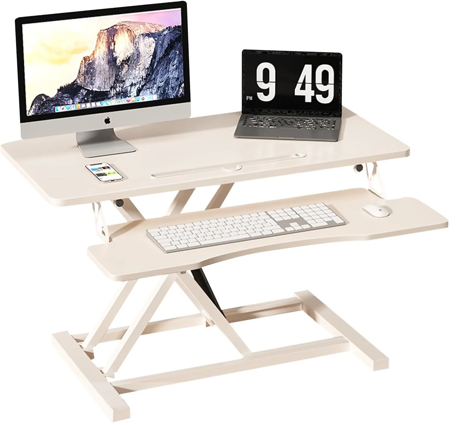 تبدیل کننده میز ایستاده قابل تنظیم ارتفاع Beauenty، میز کار دو طبقه ایستاده/نشسته 80 * 40 سانتی متر با صفحه کلید برای پایه مانیتور لپ تاپ، پایه رومیزی ایستاده با فنر گازی (سفید)