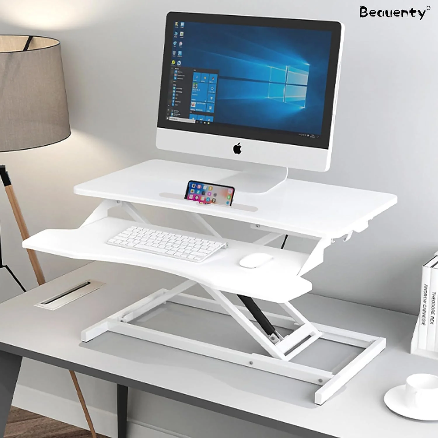 تبدیل کننده میز ایستاده قابل تنظیم ارتفاع Beauenty، میز کار دو طبقه ایستاده/نشسته 80 * 40 سانتی متر با صفحه کلید برای پایه مانیتور لپ تاپ، پایه رومیزی ایستاده با فنر گازی (سفید) تبدیل کننده میز ایستاده قابل تنظیم ارتفاع Beauenty، میز کار دو طبقه ایستاده/نشسته 80 * 40 سانتی متر با صفحه کلید برای پایه مانیتور لپ تاپ، پایه رومیزی ایستاده با فنر گازی (سفید)