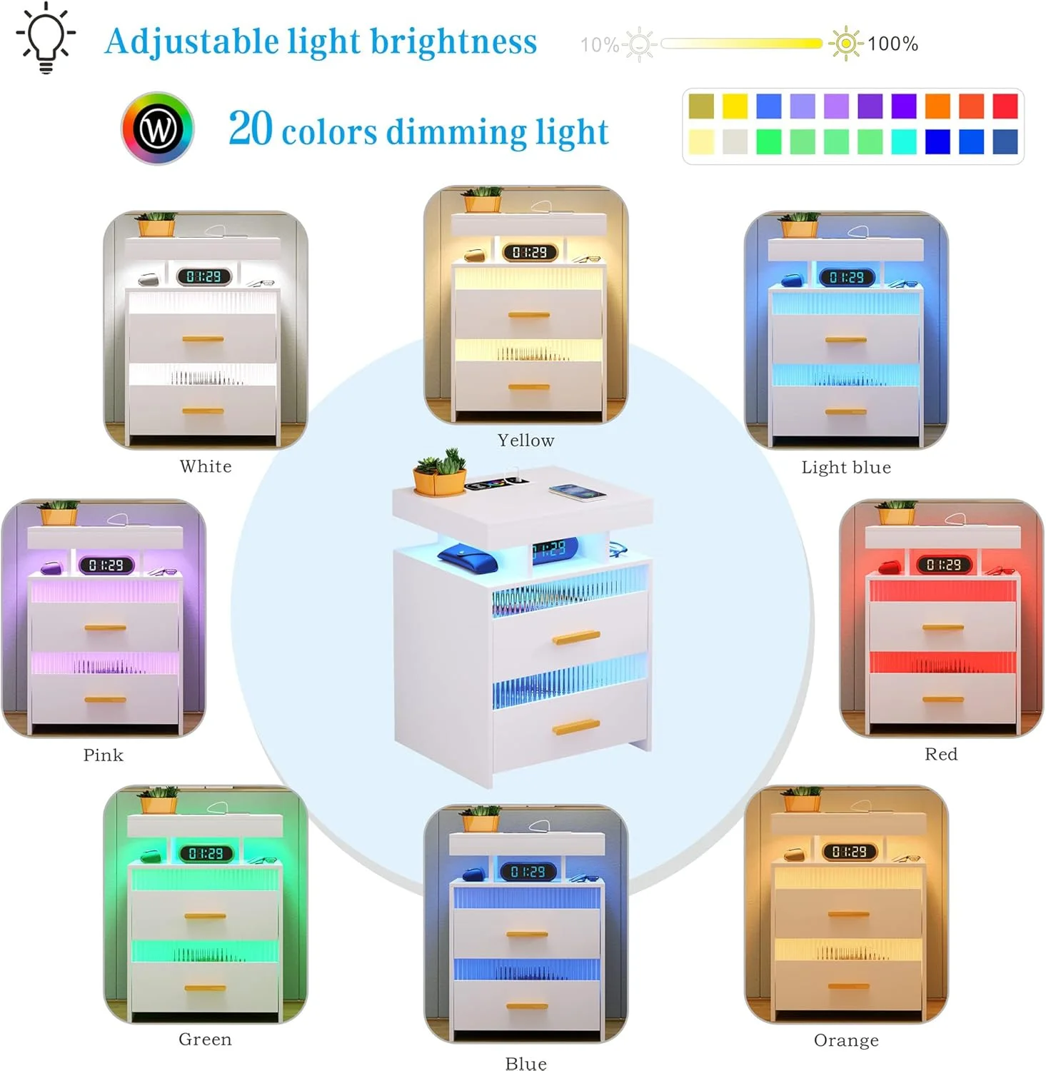 میز کنار تختی دیستلر با ایستگاه شارژ: میز کنار تخت LED با 2 کشو و قفسه ذخیره سازی باز، میز انتهایی هوشمند با چراغ حسگر انسانی، مبلمان مدرن اتاق خواب، سفید میز کنار تختی دیستلر با ایستگاه شارژ: میز کنار تخت LED با 2 کشو و قفسه ذخیره سازی باز، میز انتهایی هوشمند با چراغ حسگر انسانی، مبلمان مدرن اتاق خواب، سفید