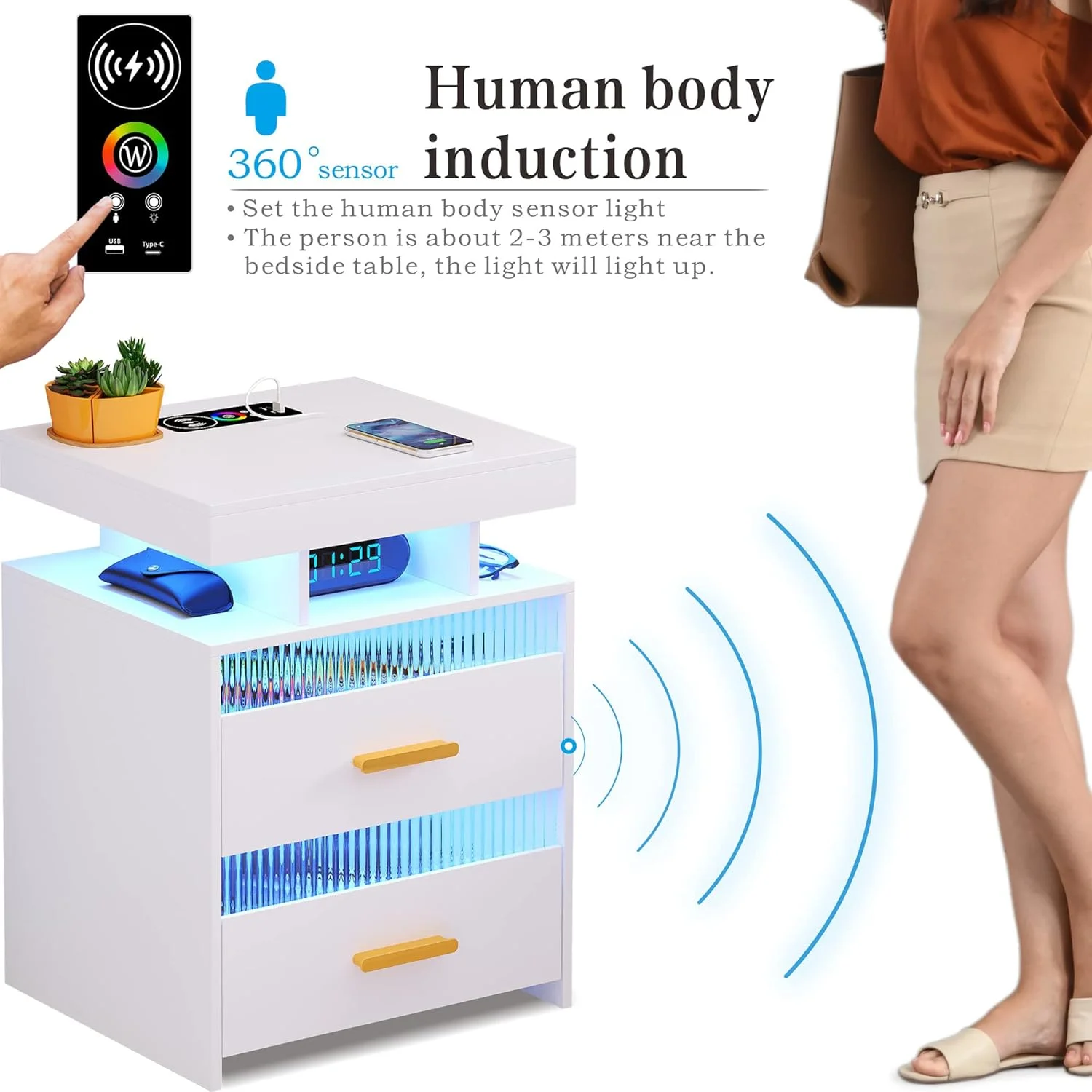 میز کنار تختی دیستلر با ایستگاه شارژ: میز کنار تخت LED با 2 کشو و قفسه ذخیره سازی باز، میز انتهایی هوشمند با چراغ حسگر انسانی، مبلمان مدرن اتاق خواب، سفید میز کنار تختی دیستلر با ایستگاه شارژ: میز کنار تخت LED با 2 کشو و قفسه ذخیره سازی باز، میز انتهایی هوشمند با چراغ حسگر انسانی، مبلمان مدرن اتاق خواب، سفید