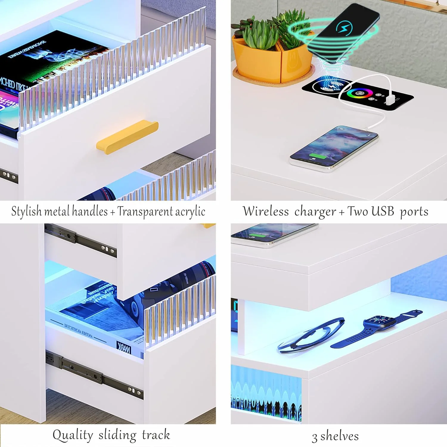 میز کنار تختی دیستلر با ایستگاه شارژ: میز کنار تخت LED با 2 کشو و قفسه ذخیره سازی باز، میز انتهایی هوشمند با چراغ حسگر انسانی، مبلمان مدرن اتاق خواب، سفید میز کنار تختی دیستلر با ایستگاه شارژ: میز کنار تخت LED با 2 کشو و قفسه ذخیره سازی باز، میز انتهایی هوشمند با چراغ حسگر انسانی، مبلمان مدرن اتاق خواب، سفید