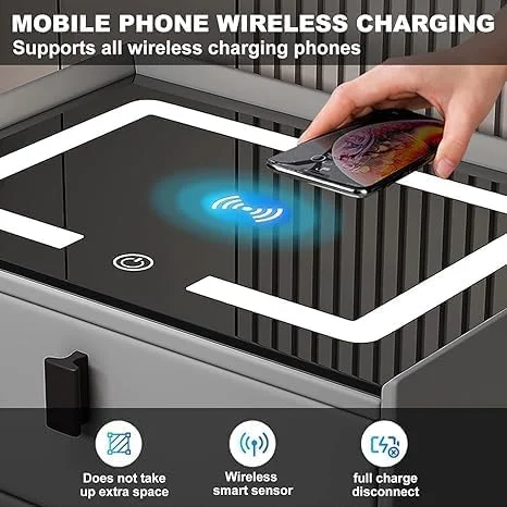 میز کنار تختی مشکی با ۳ کشو، دارای ایستگاه شارژ بیسیم و چراغهای LED، میز کنار تخت با فضای ذخیرهسازی باز، کابینت ذخیرهسازی کنار تخت برای اتاق خواب، مشکی میز کنار تختی مشکی با ۳ کشو، دارای ایستگاه شارژ بیسیم و چراغهای LED، میز کنار تخت با فضای ذخیرهسازی باز، کابینت ذخیرهسازی کنار تخت برای اتاق خواب، مشکی