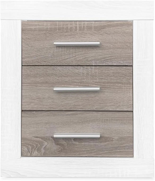 DUÉRMETE ONLINE - میز کنار تختی به سبک نوردیک مدل Omabella با 3 کشو | طراحی کاربردی و شیک | رنگ های اندرسن و خاکستری کاج