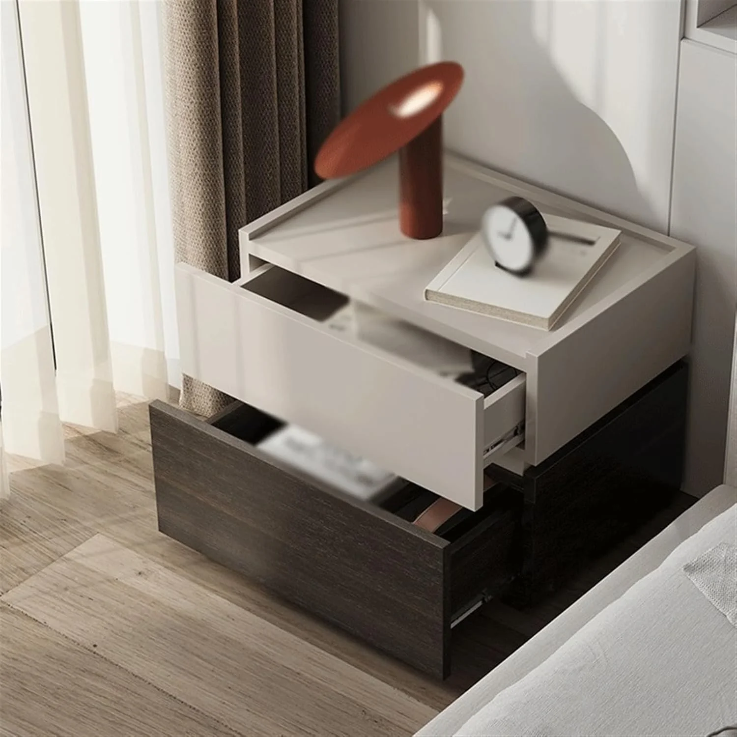 میز کنار تختی منظم با میز بوفه توخالی و یک کشو، کابینت نگهداری وسایل چوبی میز کنار تختی منظم با میز بوفه توخالی و یک کشو، کابینت نگهداری وسایل چوبی