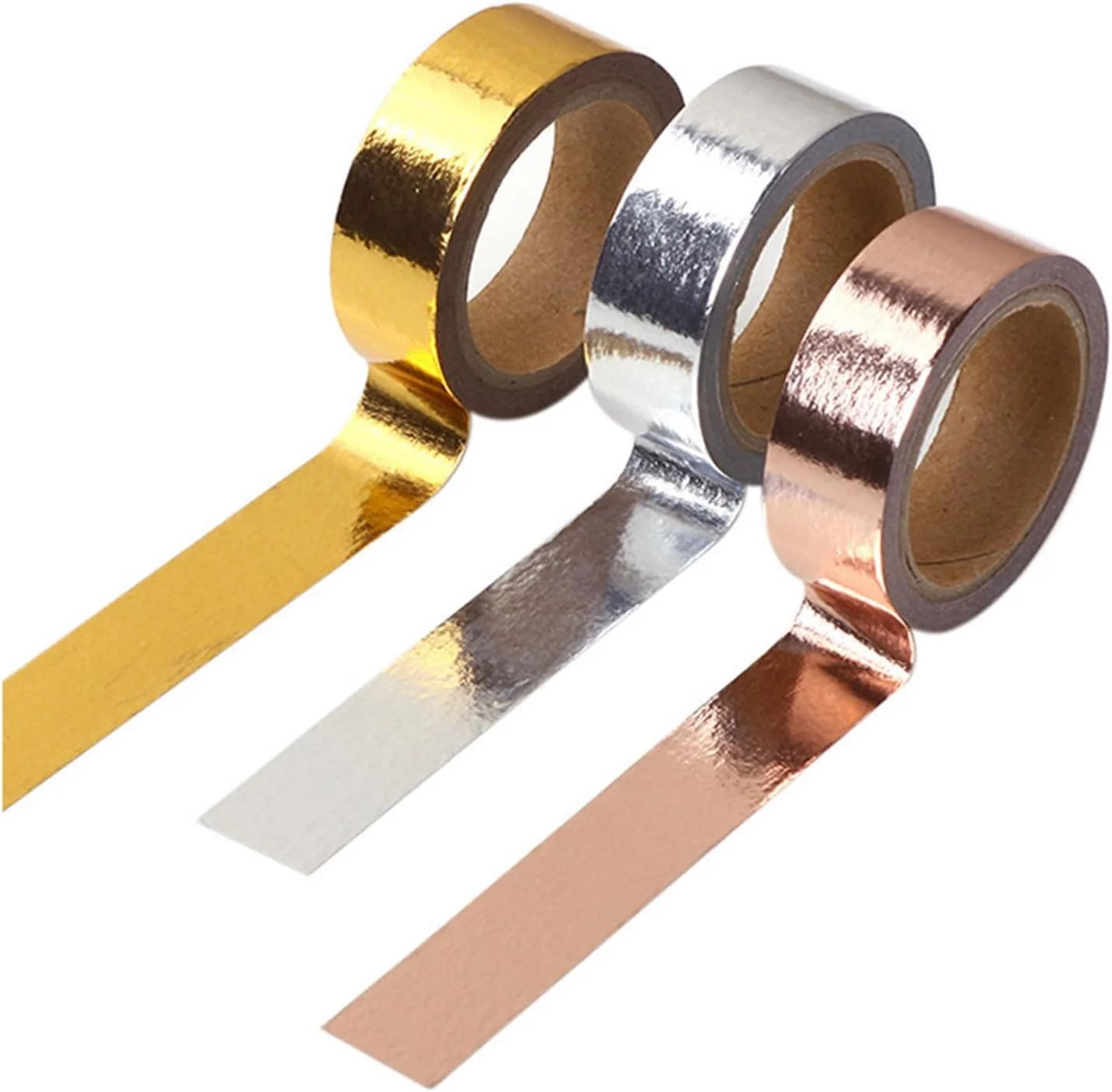 3 رول نوار طلایی متالیک - فیلم پلی استر فویل نازک عرض 15 میلی متر طول 5 متر - چسب خود چسب آینه ای گرافیکی DIY برای صنایع دستی، بسته بندی هدیه، کارت سازی - 3 رنگ
