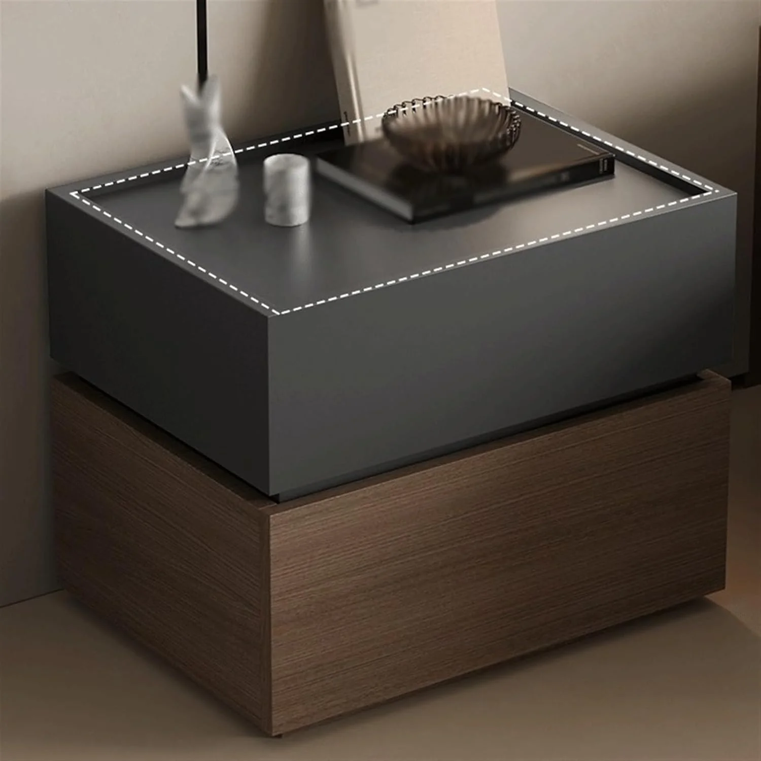 میز کنار تختی منظم با میز بوفه توخالی و یک کشو، کابینت نگهداری وسایل چوبی میز کنار تختی منظم با میز بوفه توخالی و یک کشو، کابینت نگهداری وسایل چوبی