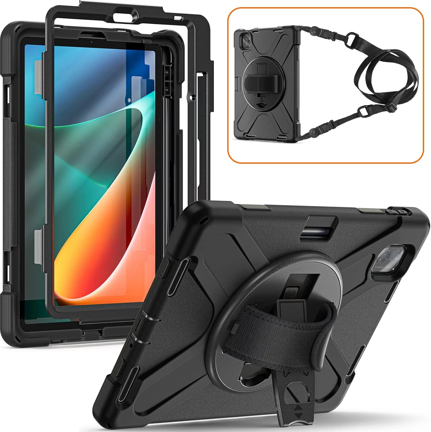 کاور YHFZR برای شیائومی Mi Pad 5/5 Pro 11 اینچ، چرخش 360 درجه با استند، بند دستی و بند شانه، کاور محافظ ضد ضربه سنگین هیبریدی برای شیائومی Mi Pad 5/5 Pro 11 اینچ، مشکی
