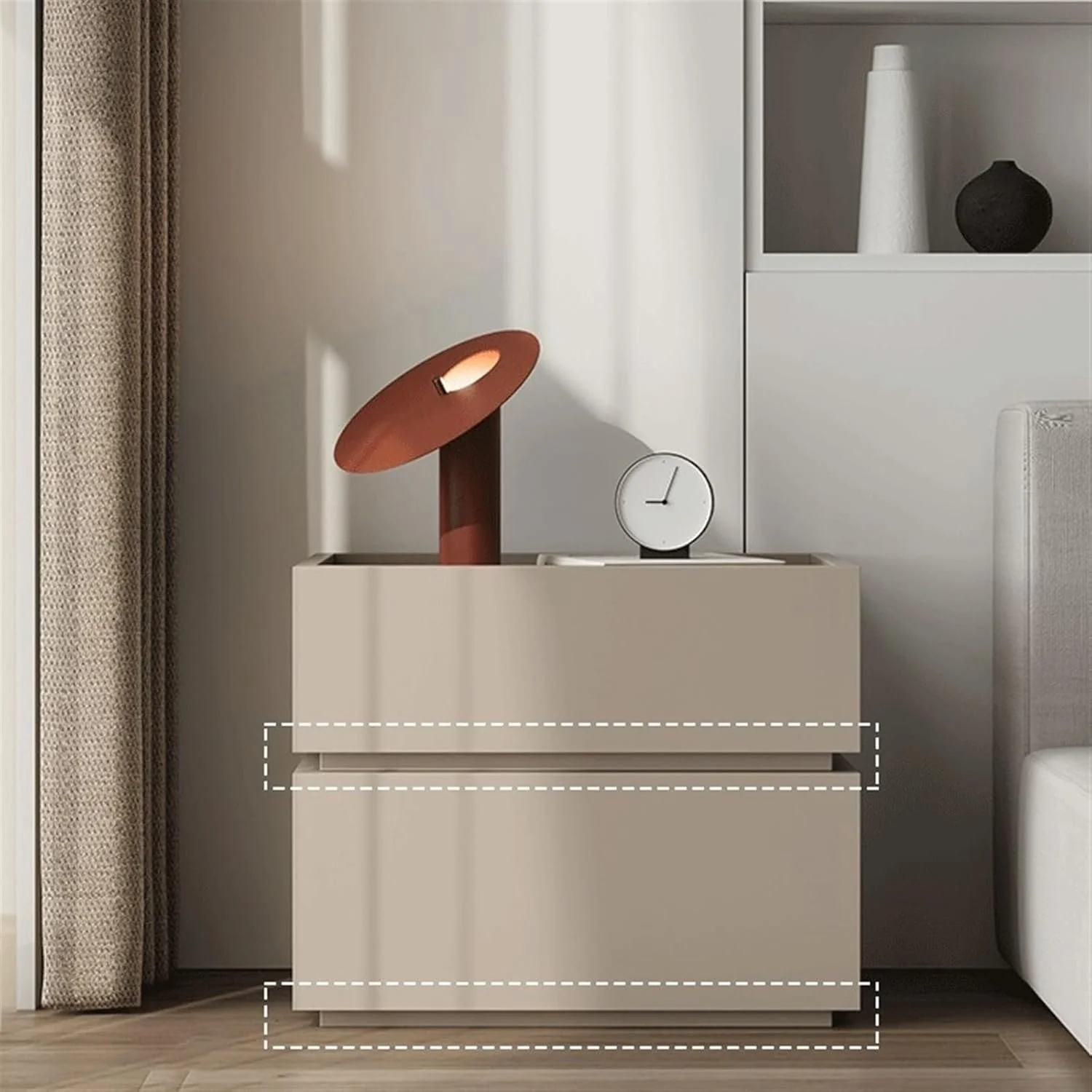 میز کنار تختی منظم با میز بوفه توخالی و یک کشو، کابینت نگهداری وسایل چوبی میز کنار تختی منظم با میز بوفه توخالی و یک کشو، کابینت نگهداری وسایل چوبی