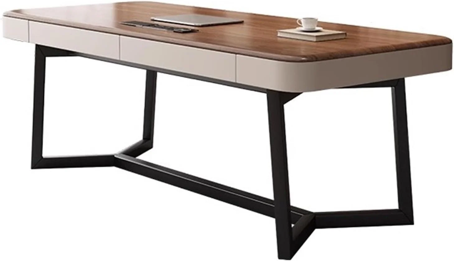 میز کامپیوتر، میز خانگی با پایه فلزی مشکی، میز تحریر مدرن با دو کشو و ایستگاه شارژ، رنگ گردویی (M)