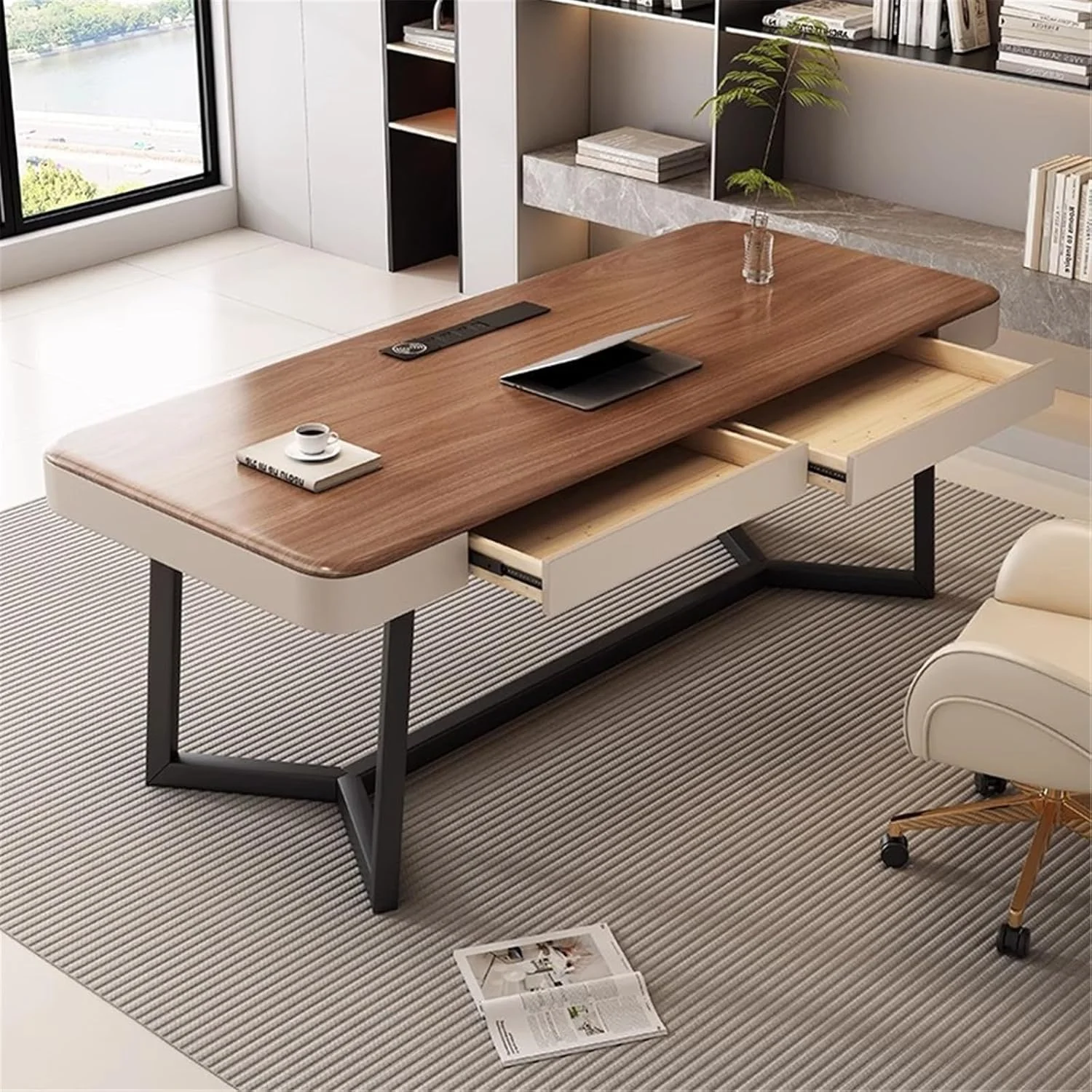 میز کامپیوتر، میز خانگی با پایه فلزی مشکی، میز تحریر مدرن با دو کشو و ایستگاه شارژ، رنگ گردویی (M)