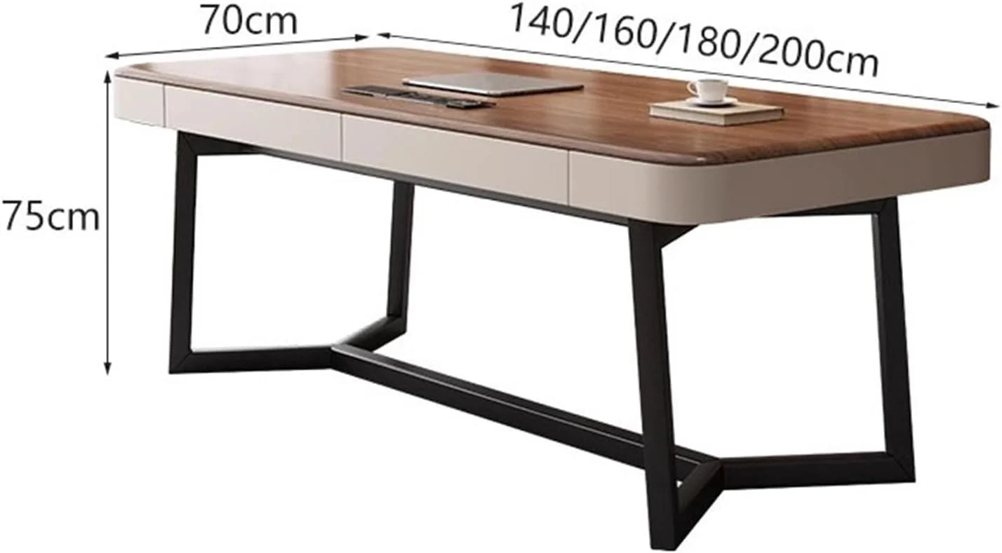 میز کامپیوتر، میز خانگی با پایه فلزی مشکی، میز تحریر مدرن با دو کشو و ایستگاه شارژ، رنگ گردویی (M)