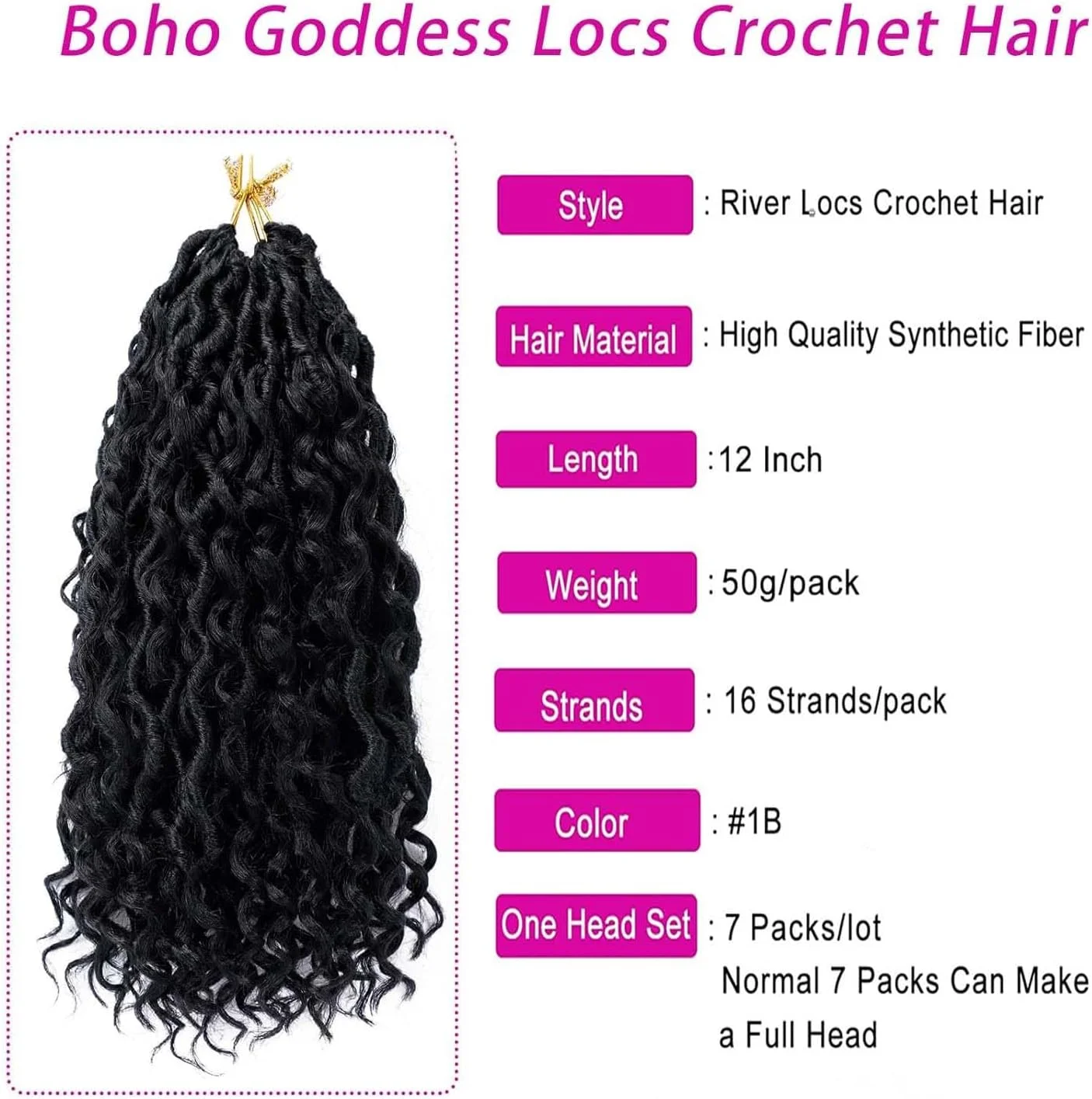 موهای بافت دورسانی Goddess Locs، قلاب بافی، 12 اینچ، 7 بسته، River Locs فرفری، موهای بافتنی مصنوعی برای زنان، بافت های از قبل حلقه شده با موهای فرفری، Boho Hippie Locs، اکستنشن موی مصنوعی (#1B)
