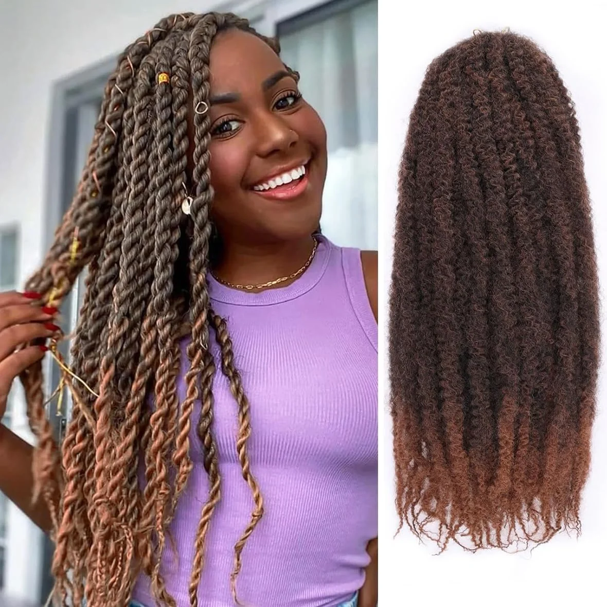 موهای بافت کروشه ای Kachanaa مدل Marley Twist، سایز 18 اینچ، مناسب برای بافتن، 8 بسته، رنگ قهوه ای آمبره، بافت های Marley از قبل پف داده شده، اکستنشن موی فر آفریقایی برای بافت های Jumbo /T30#