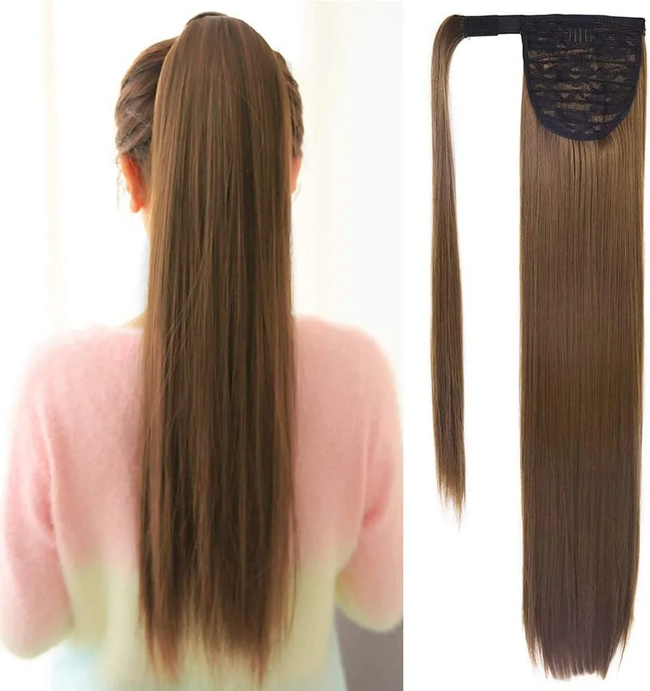اکستنشن مو دم اسبی گیره ای KASTWAVE، دم اسبی بلند صاف دورپیچ، موی مصنوعی 60 سانتی متری (قهوه ای شکلاتی روشن)