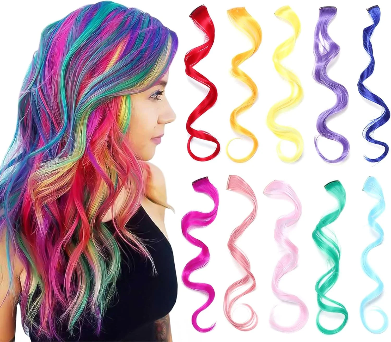 اکستنشن موی رنگی KASTWAVE، تکه موی فر و مقاوم در برابر حرارت برای دختران، زنان و کودکان، 10 عدد گیره موی مصنوعی چند رنگی برای مهمانی (ست رنگارنگ)
