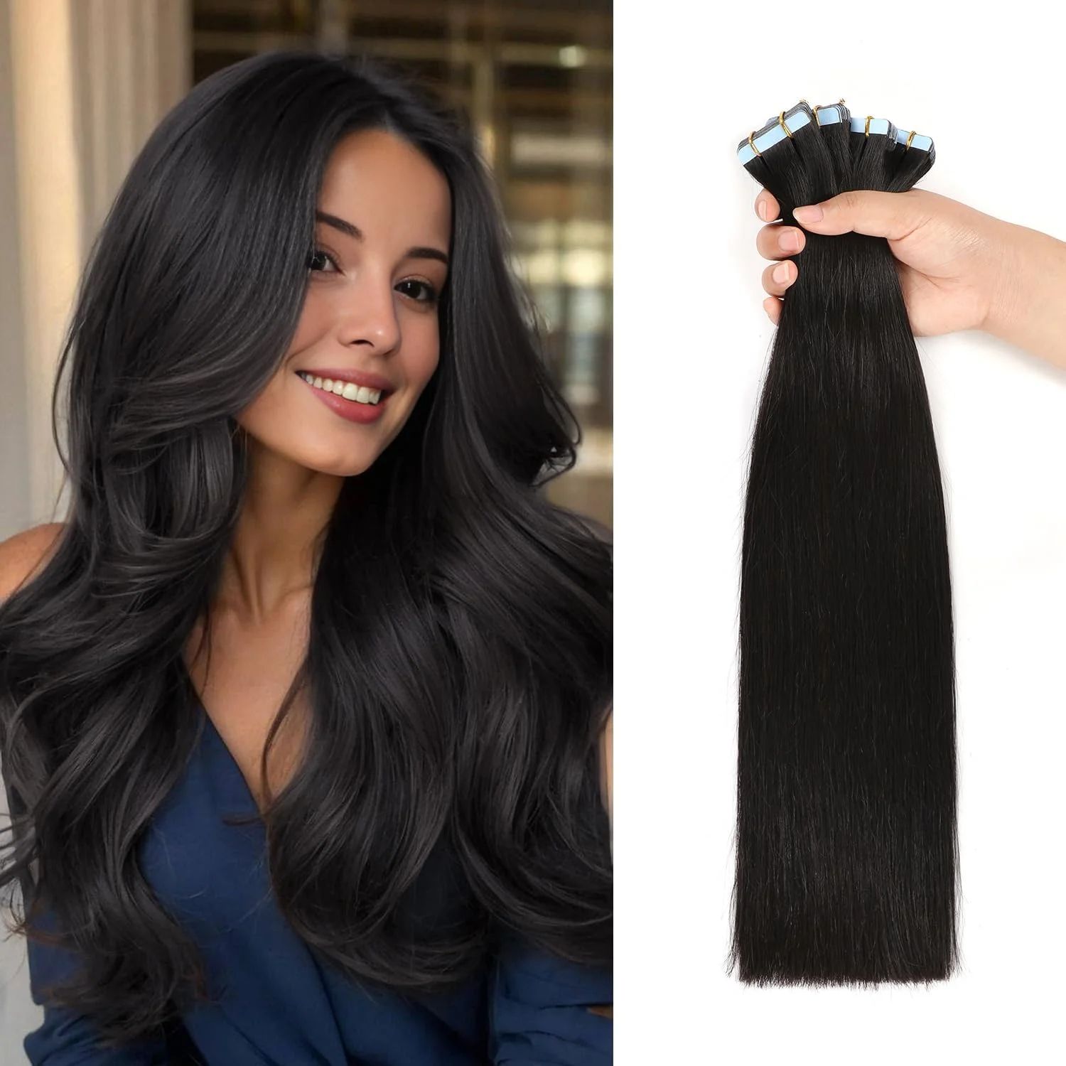 اکستنشن مو چسبی JESSBO موی طبیعی صاف مشکی طبیعی 100% موی ریمی طبیعی 24 اینچ 20 عدد 50 گرم در هر بسته اکستنشن موی چسبی بافت پوست بدون درز برای زنان (24 اینچ #1B مشکی طبیعی)