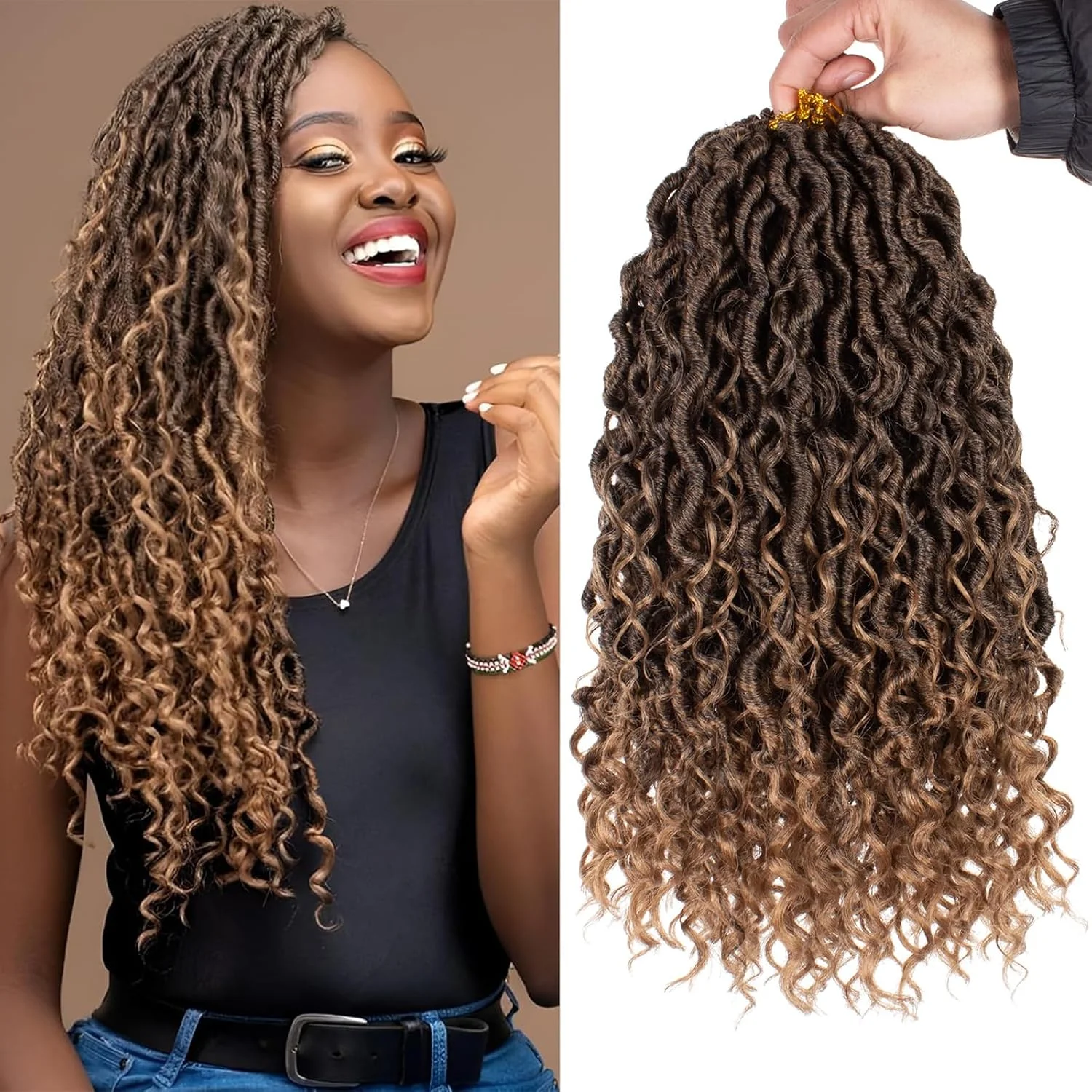 Mscat اکستنشن موی بافت مدل River Goddess Faux Locs، سایز 14 اینچ، 8 بسته، حالت آمبره، موج دار با انتهای فر، از قبل حلقه شده، بافت مصنوعی بوهیمی (14 رشته در هر بسته T27#)