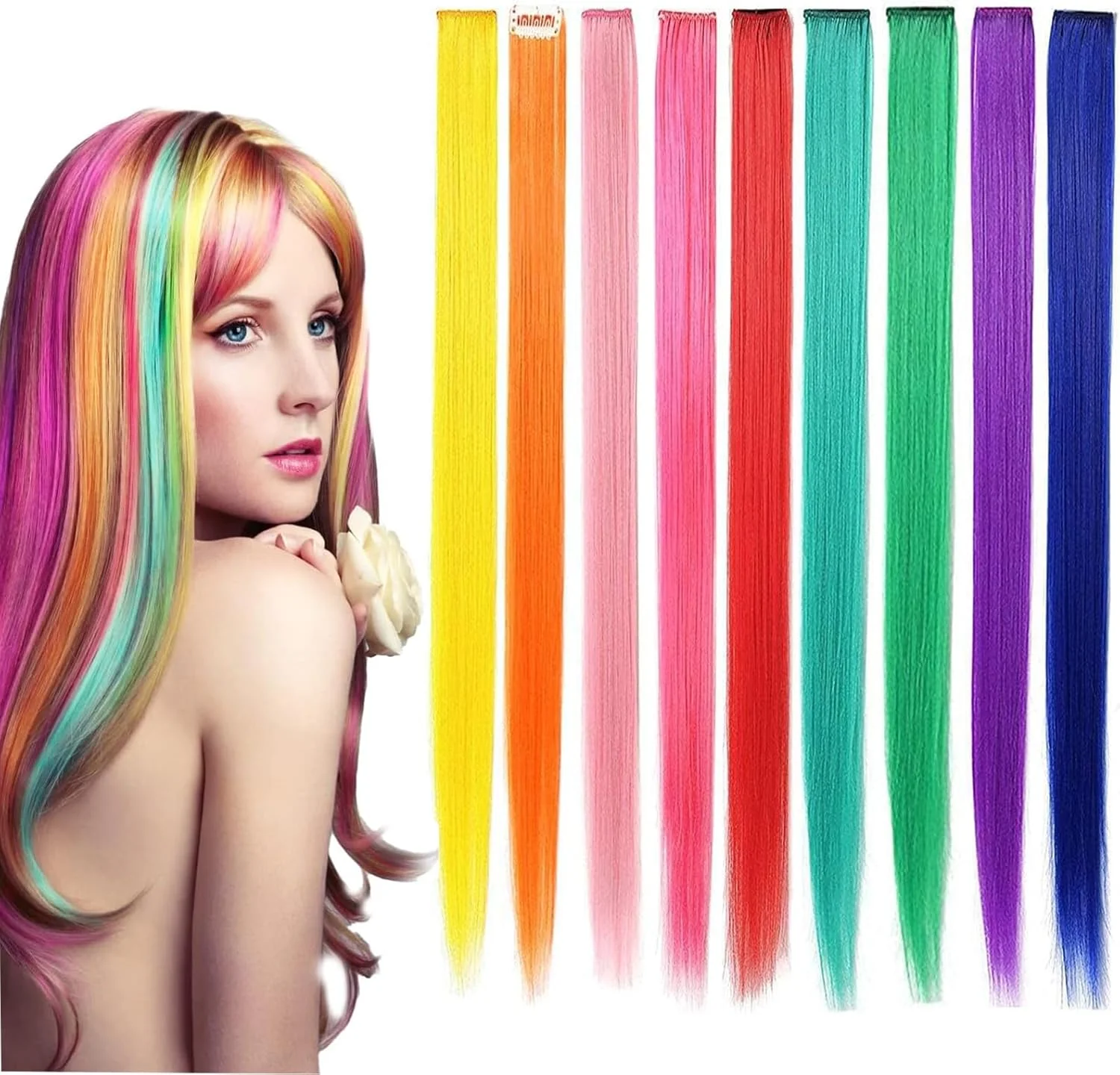 ویلیگو، گیره مو فانتزی رنگی برای مهمانی، 9 عددی، اکستنشن موی دخترانه 20 اینچی، چند رنگ، موی صاف مصنوعی، تکه مو رنگارنگ، اسباب بازی و هدیه برای دختران و زنان