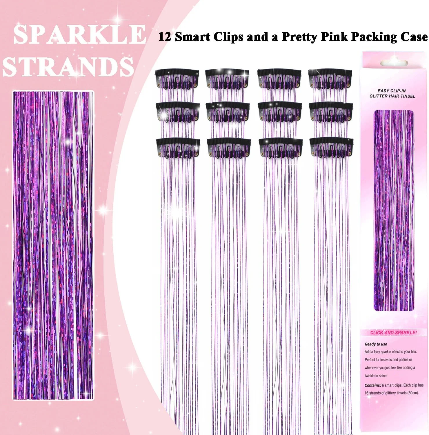 اکستنشن موی براق یوشویوس، گیره ای، 12 عدد، اکستنشن موی بنفش، کیت موی براق پری، لوازم جانبی موی درخشان برای دختران، زنان و کودکان (بنفش)