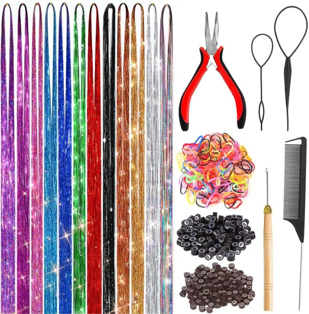 کیت اکستنشن مو فانتزی Ukithairtinsel با ابزار، مقاوم در برابر حرارت، ایمن، 12 رنگ، اکستنشن مو براق، 3200 رشته (12 رنگ، 3200 رشته)