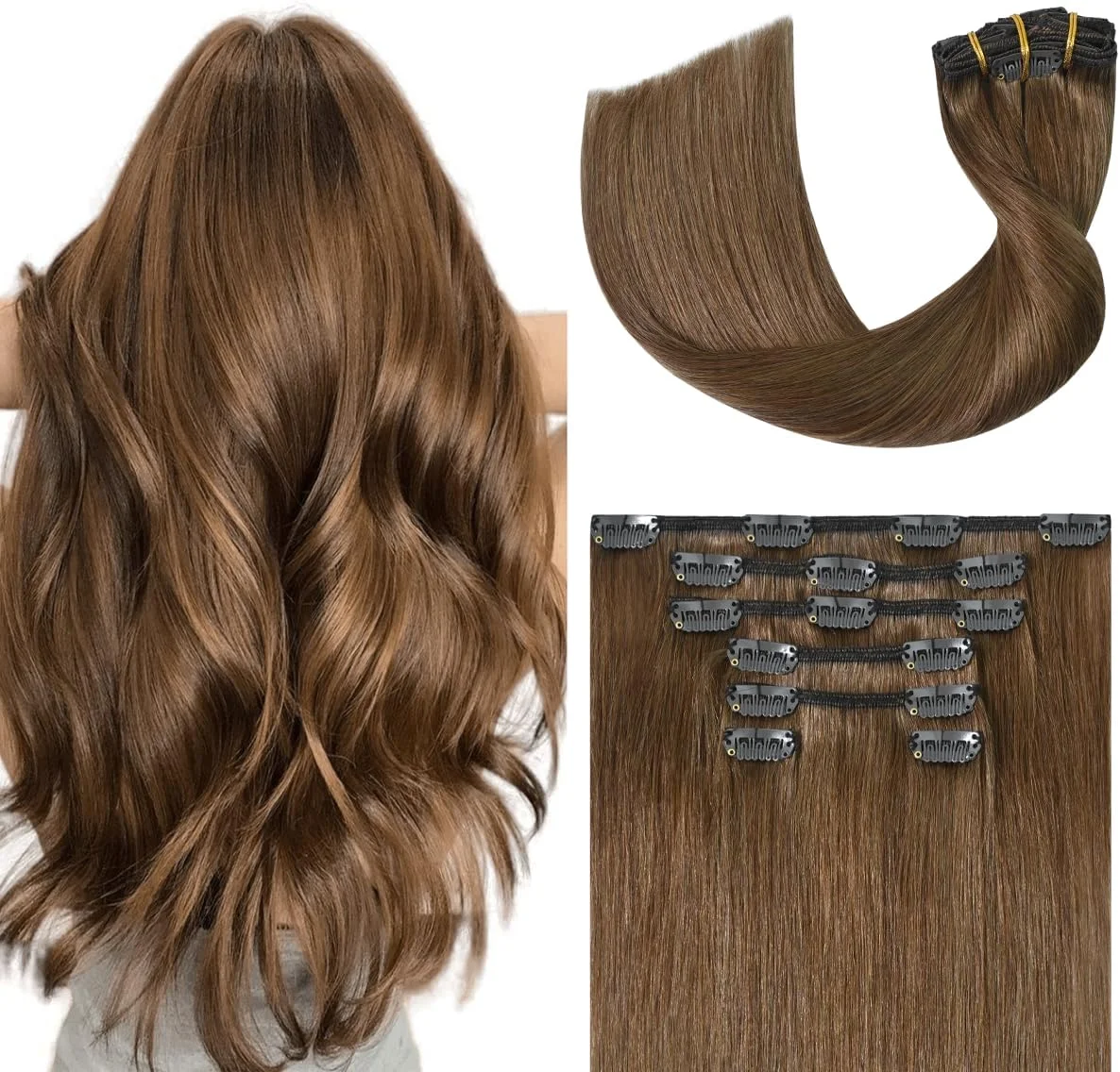 اکستنشن مو گیره ای قهوه ای روشن یوگوتریز، موی طبیعی انسان، 18 اینچ، 70 گرم، 7 تکه، موی رِمی ابریشمی صاف، 16 گیره، یک بسته برای زنان، شماره 6، اکستنشن مویی شاه بلوطی